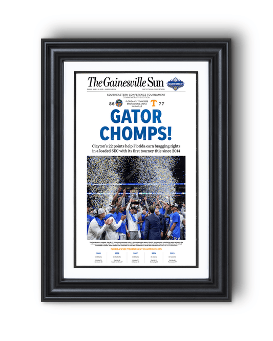 2025 Florida Gators Basketball SEC Champions "Gator Chomps" Framed Newspaper - TitleGameFrames.com