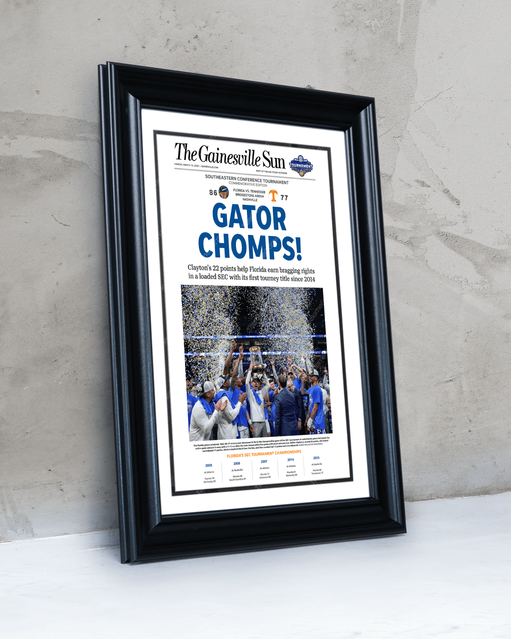 2025 Florida Gators Basketball SEC Champions "Gator Chomps" Framed Newspaper - TitleGameFrames.com