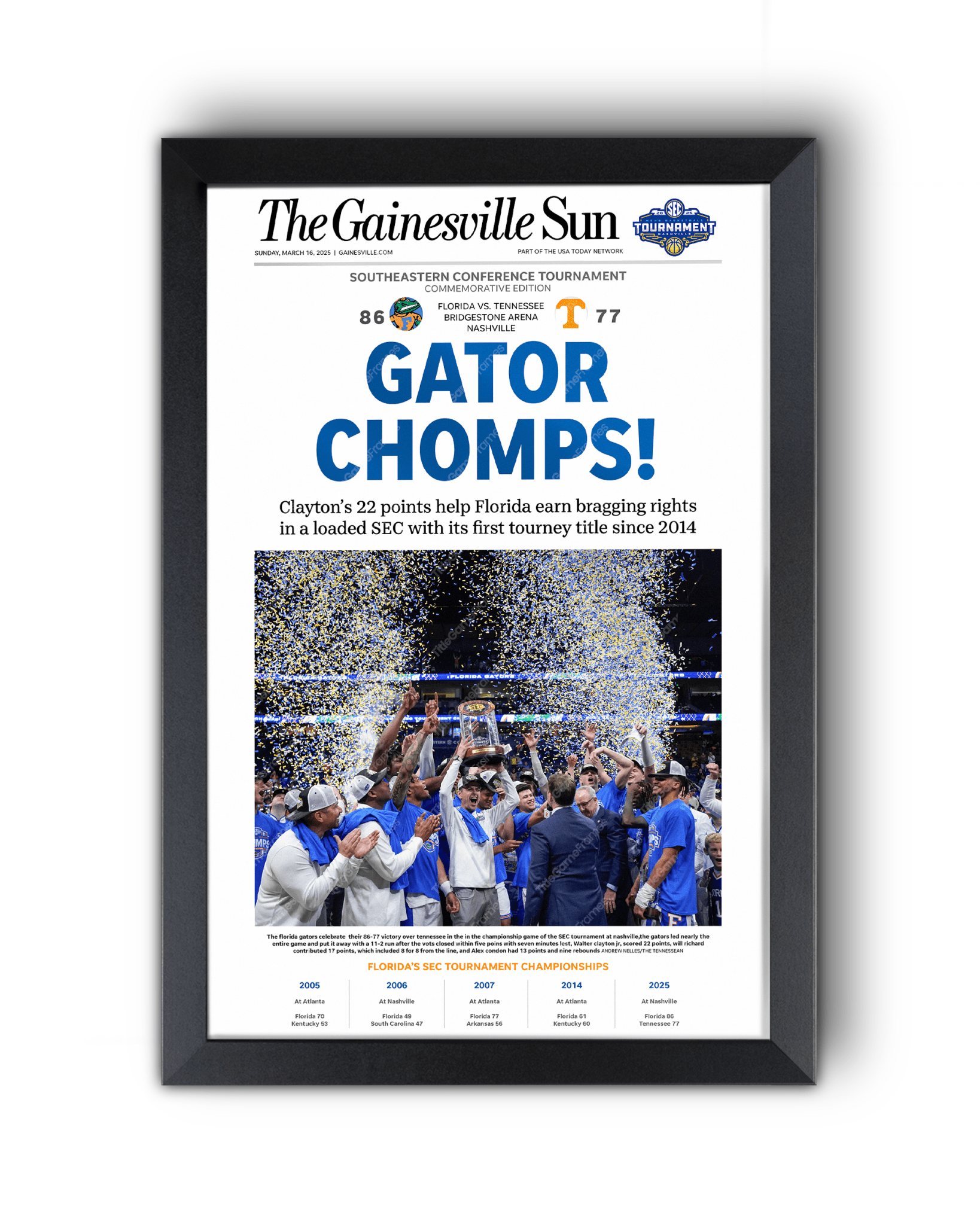 2025 Florida Gators Basketball SEC Champions "Gator Chomps" Framed Newspaper - TitleGameFrames.com