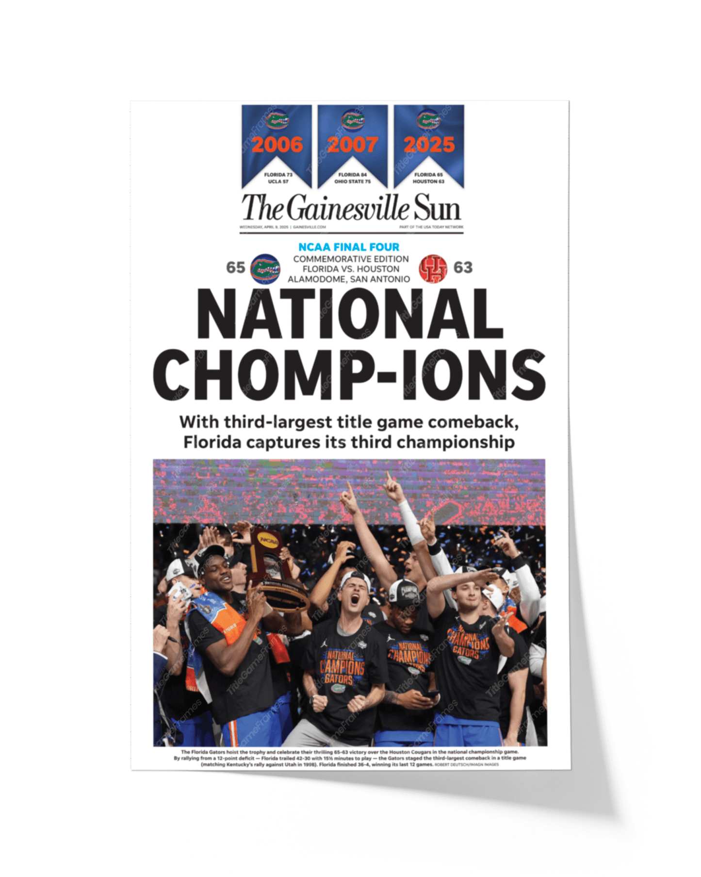 2025 Florida Gators NCAA Basketball 'NATIONAL CHOMPIONS! Framed Newspaper - TitleGameFrames.com