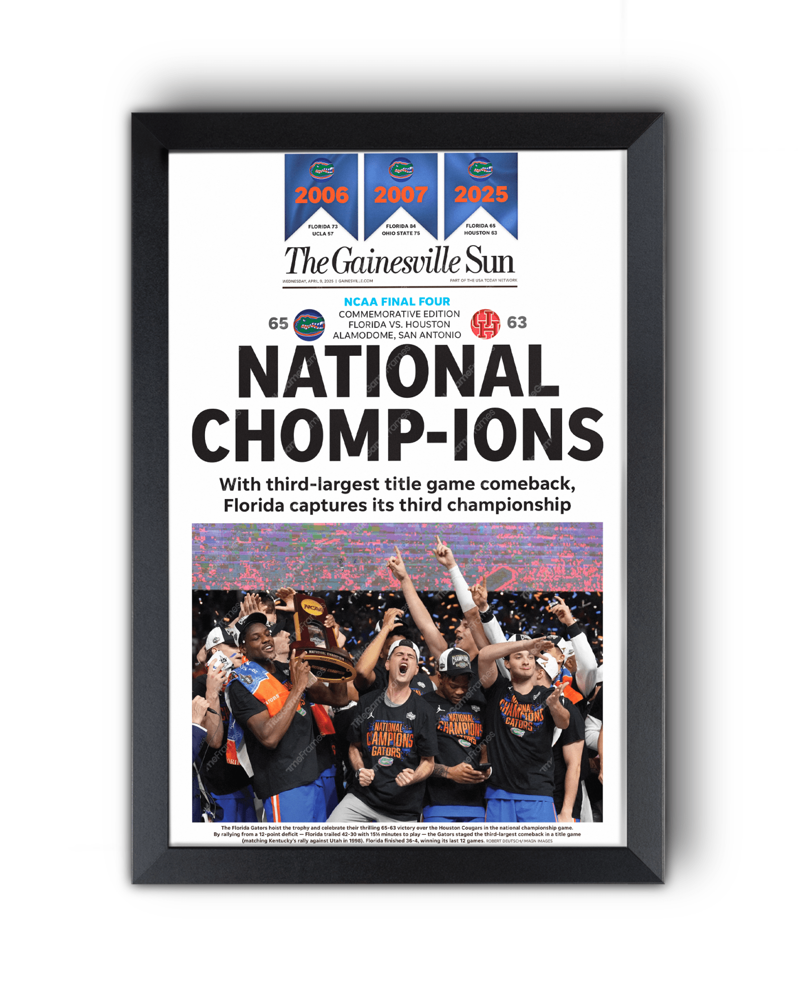 2025 Florida Gators NCAA Basketball 'NATIONAL CHOMPIONS! Framed Newspaper - TitleGameFrames.com
