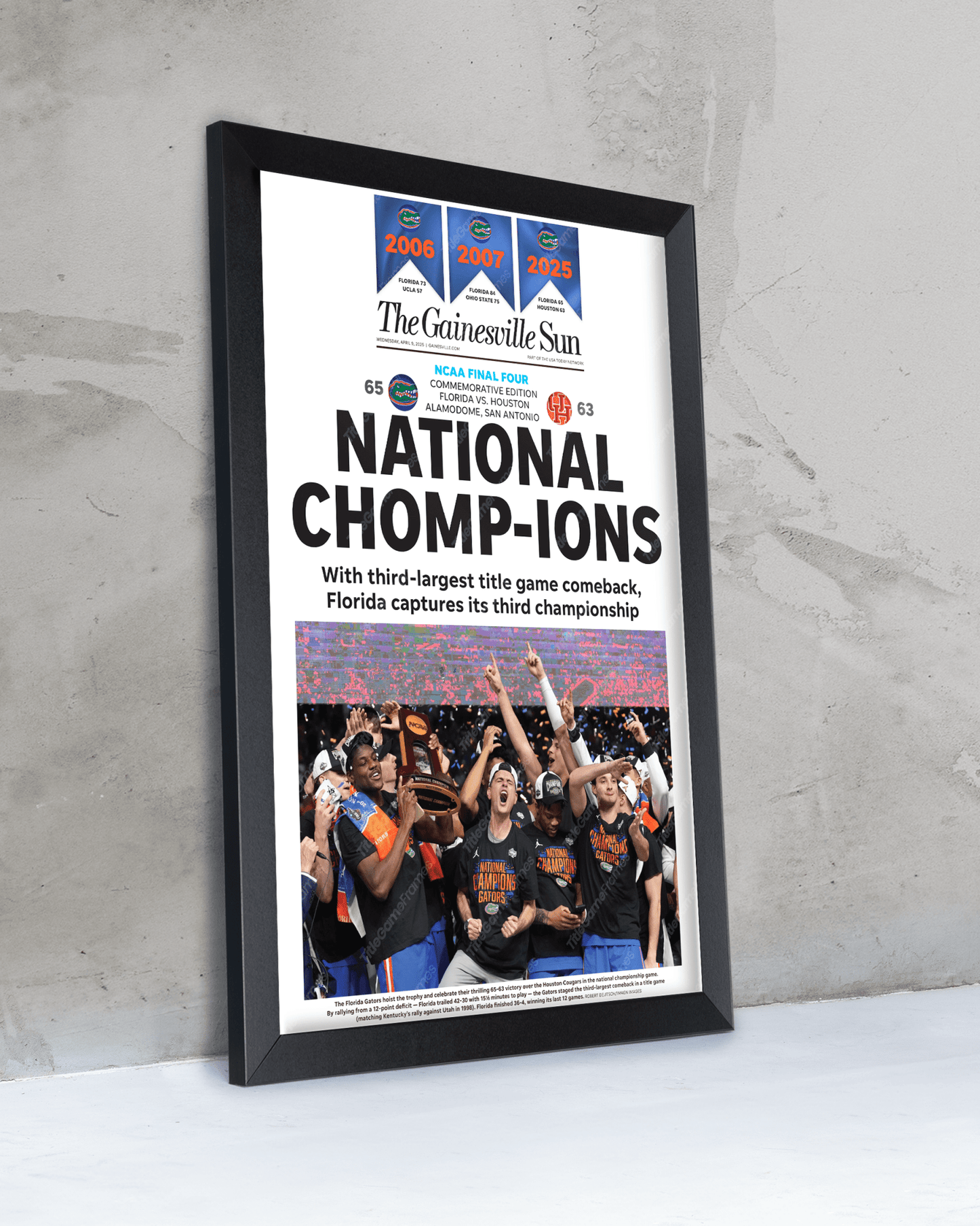 2025 Florida Gators NCAA Basketball 'NATIONAL CHOMPIONS! Framed Newspaper - TitleGameFrames.com