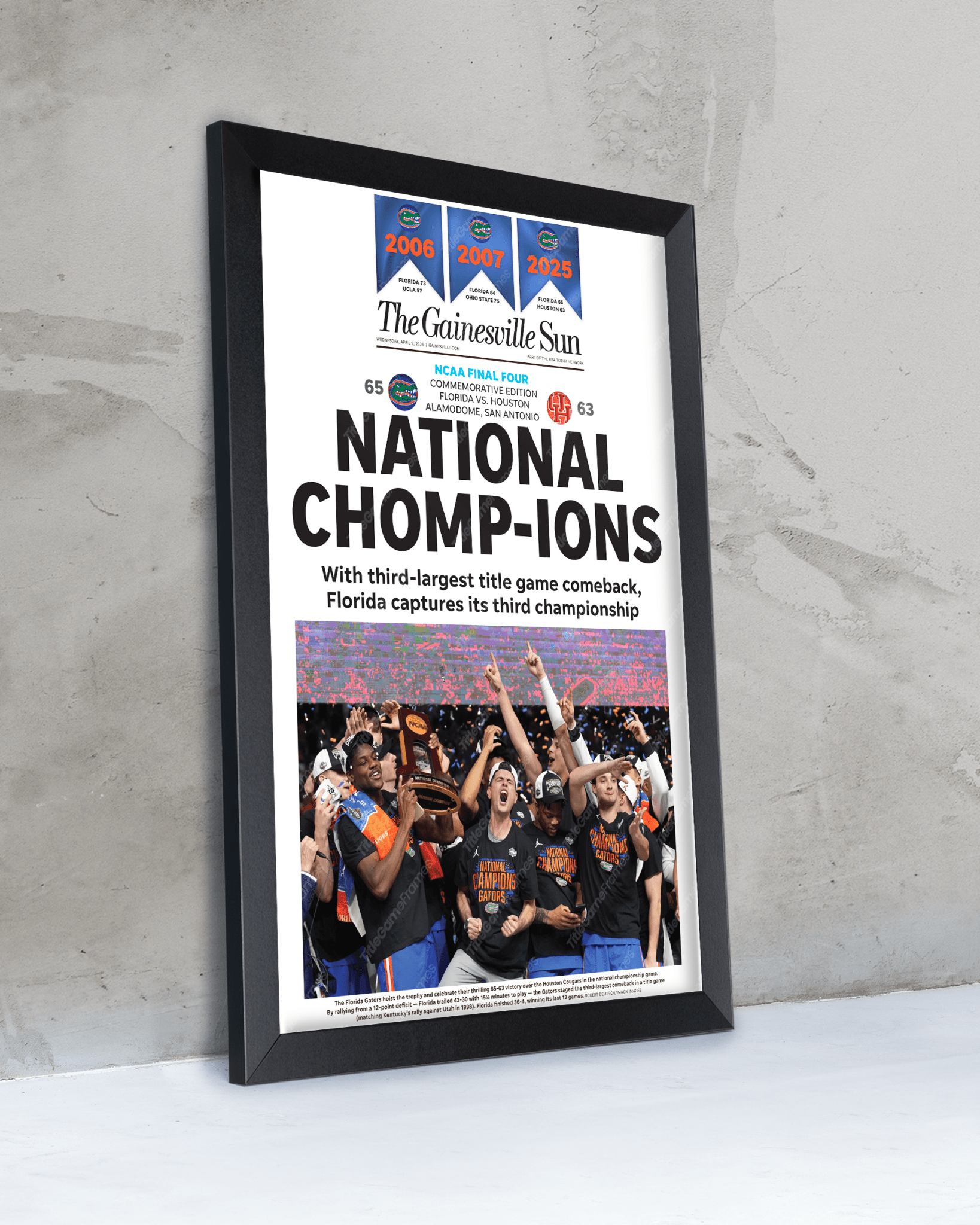 2025 Florida Gators NCAA Basketball 'NATIONAL CHOMPIONS! Framed Newspaper - TitleGameFrames.com