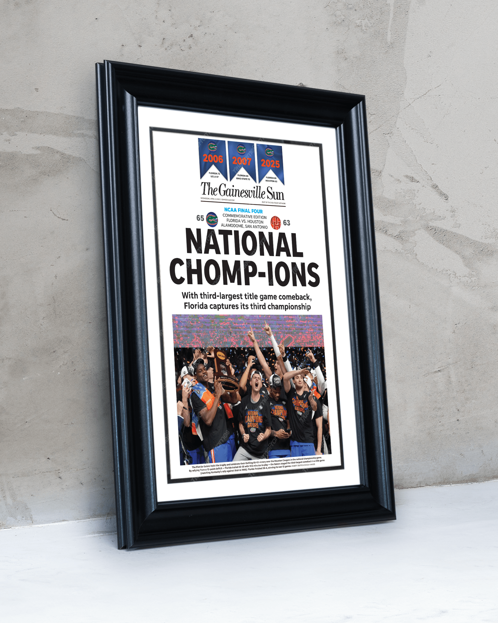 2025 Florida Gators NCAA Basketball 'NATIONAL CHOMPIONS! Framed Newspaper - TitleGameFrames.com