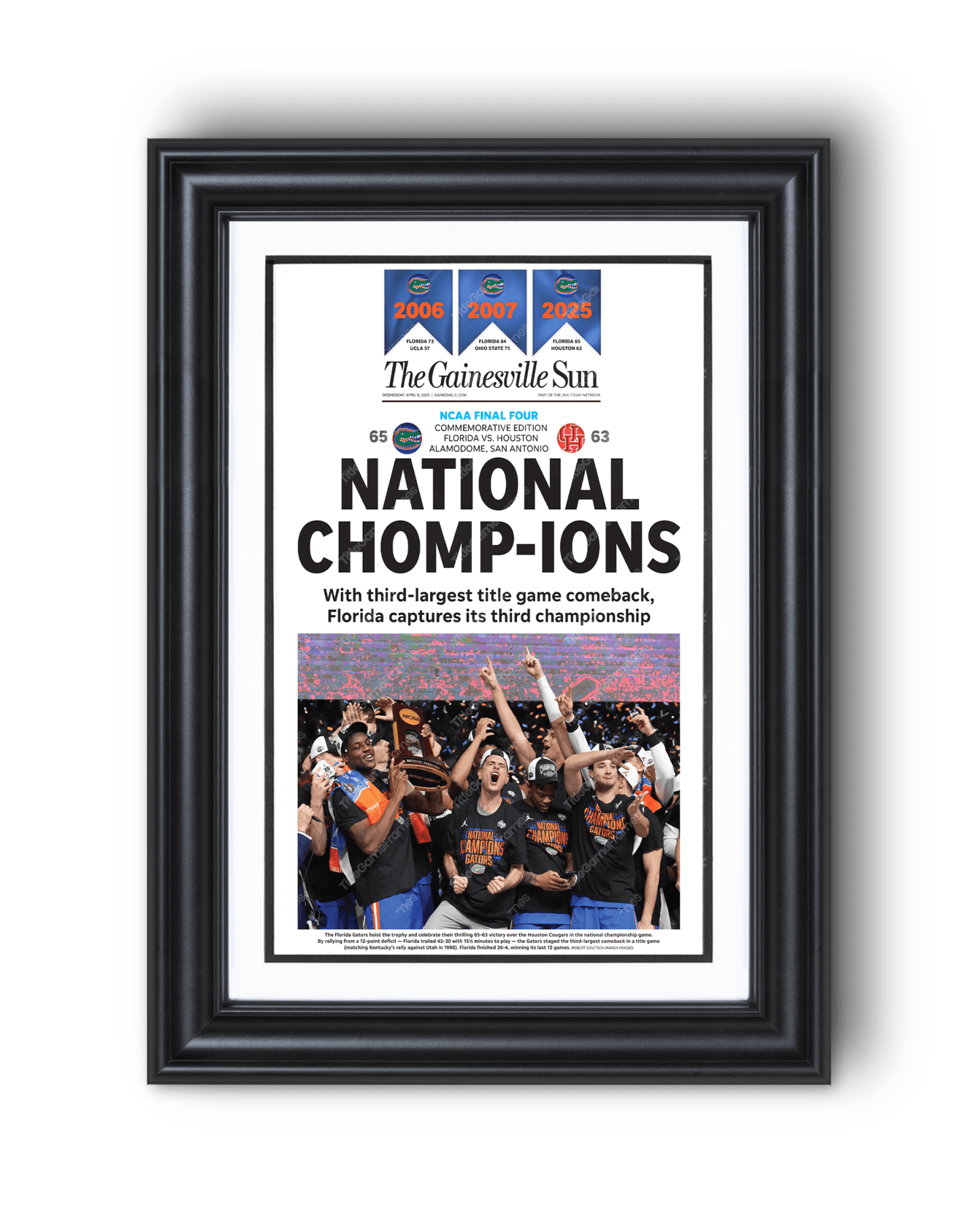 2025 Florida Gators NCAA Basketball 'NATIONAL CHOMPIONS! Framed Newspaper - TitleGameFrames.com