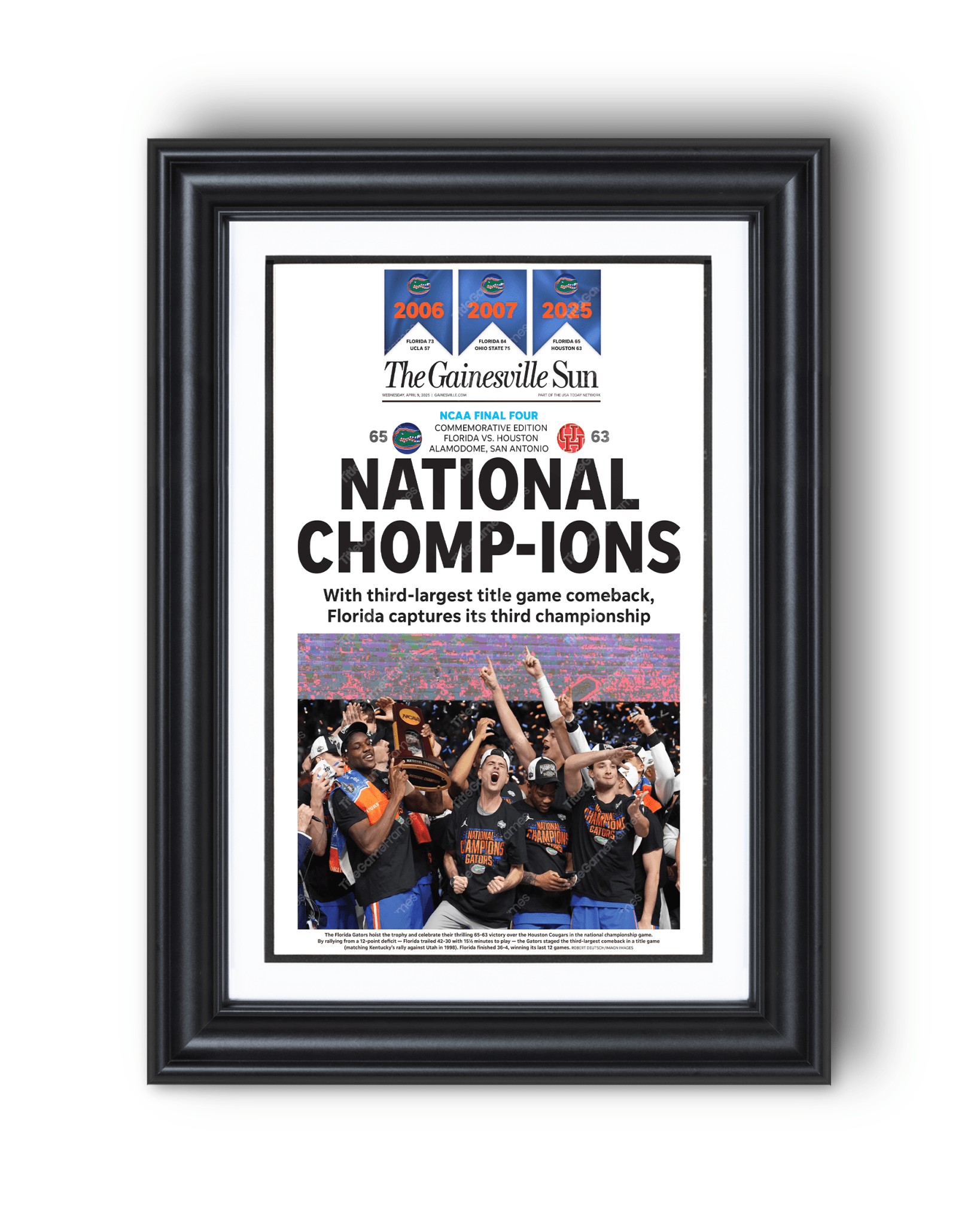 2025 Florida Gators NCAA Basketball 'NATIONAL CHOMPIONS! Framed Newspaper - TitleGameFrames.com