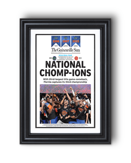 2025 Florida Gators NCAA Basketball 'NATIONAL CHOMPIONS! Framed Newspaper - TitleGameFrames.com