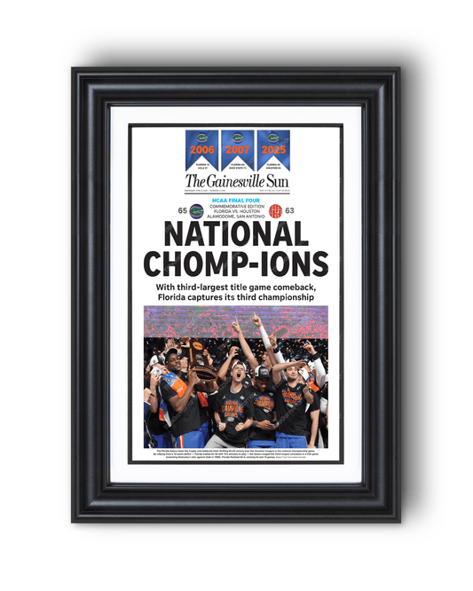 2025 Florida Gators NCAA Basketball 'NATIONAL CHOMPIONS! Framed Newspaper - TitleGameFrames.com