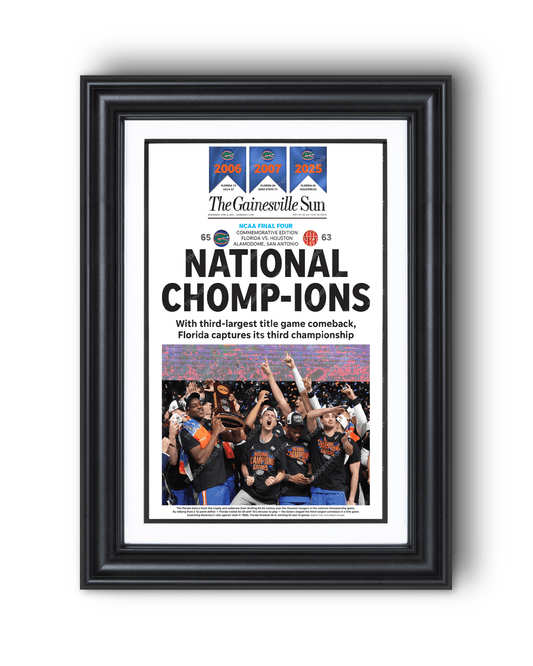 2025 Florida Gators NCAA Basketball 'NATIONAL CHOMPIONS! Framed Newspaper - TitleGameFrames.com
