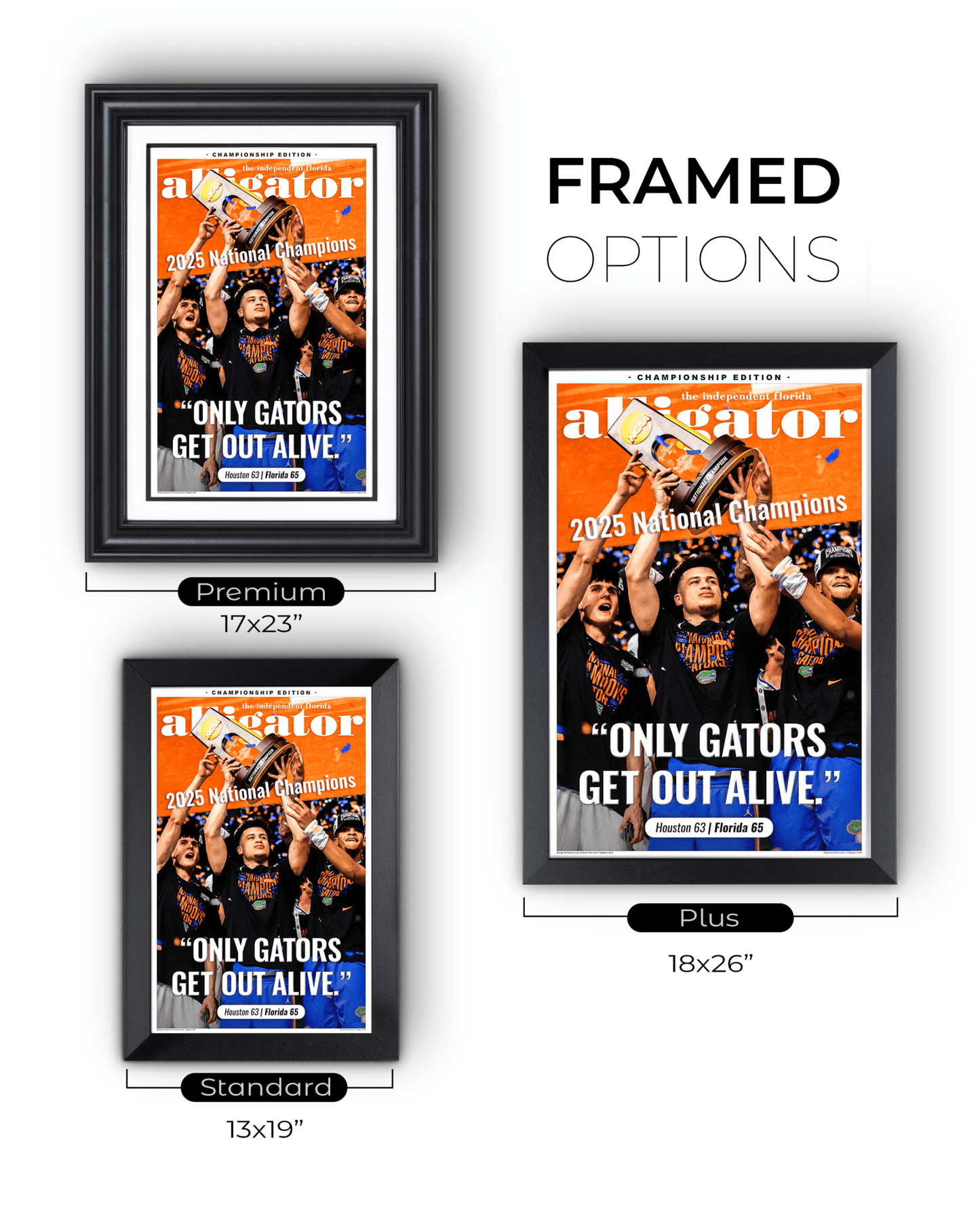 2025 Florida Gators NCAA Champions – "Only Gators Get Out Alive" Framed Alligator Newspaper - TitleGameFrames.com