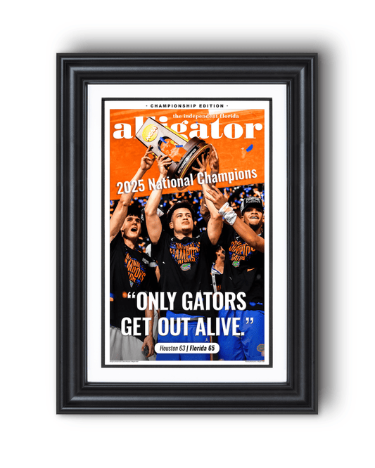 2025 Florida Gators NCAA Champions – "Only Gators Get Out Alive" Framed Alligator Newspaper - TitleGameFrames.com