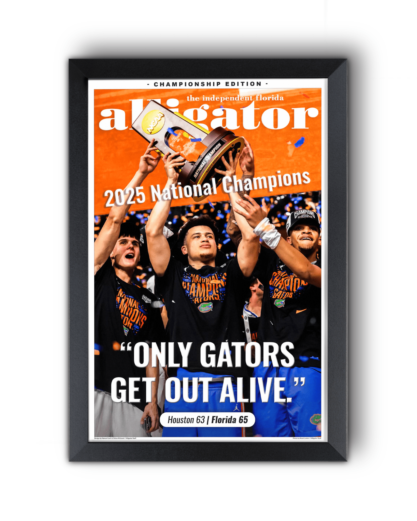 2025 Florida Gators NCAA Champions – "Only Gators Get Out Alive" Framed Alligator Newspaper - TitleGameFrames.com
