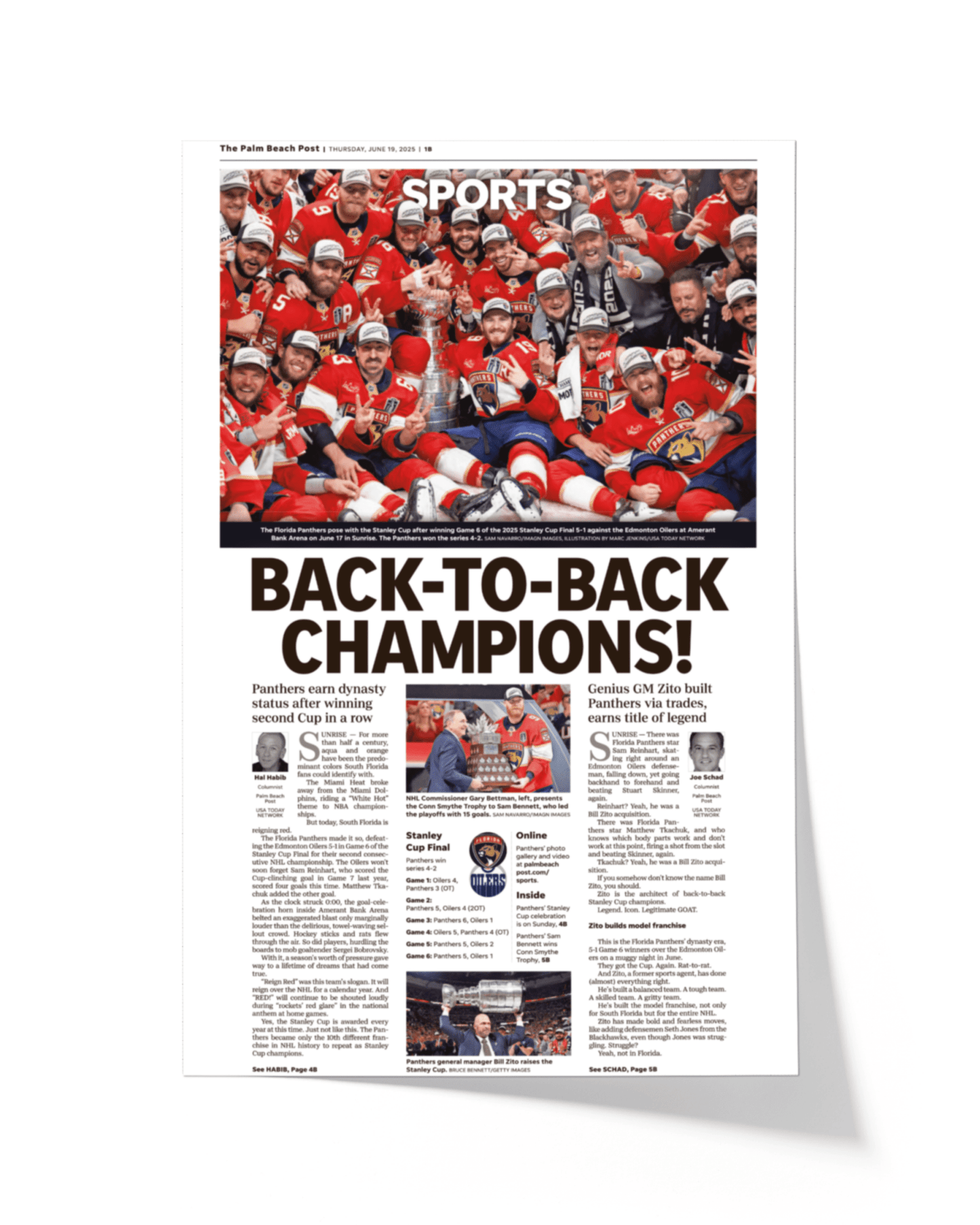 2025 Florida Panthers Stanley Cup "Back - to - Back Champions!" Front Page Newspaper - TitleGameFrames.com
