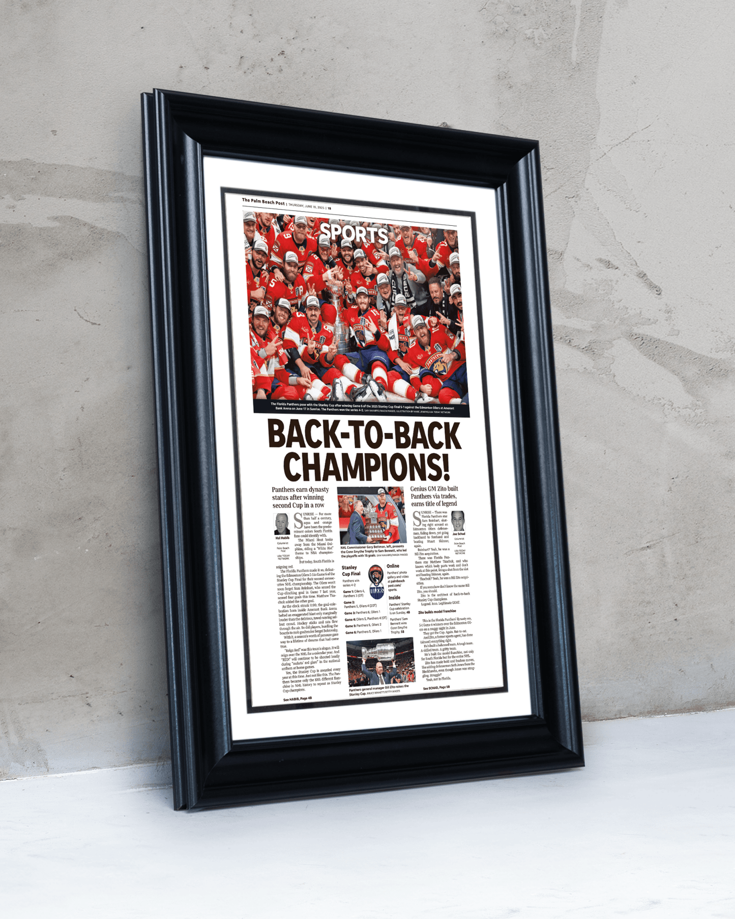 2025 Florida Panthers Stanley Cup "Back - to - Back Champions!" Front Page Newspaper - TitleGameFrames.com