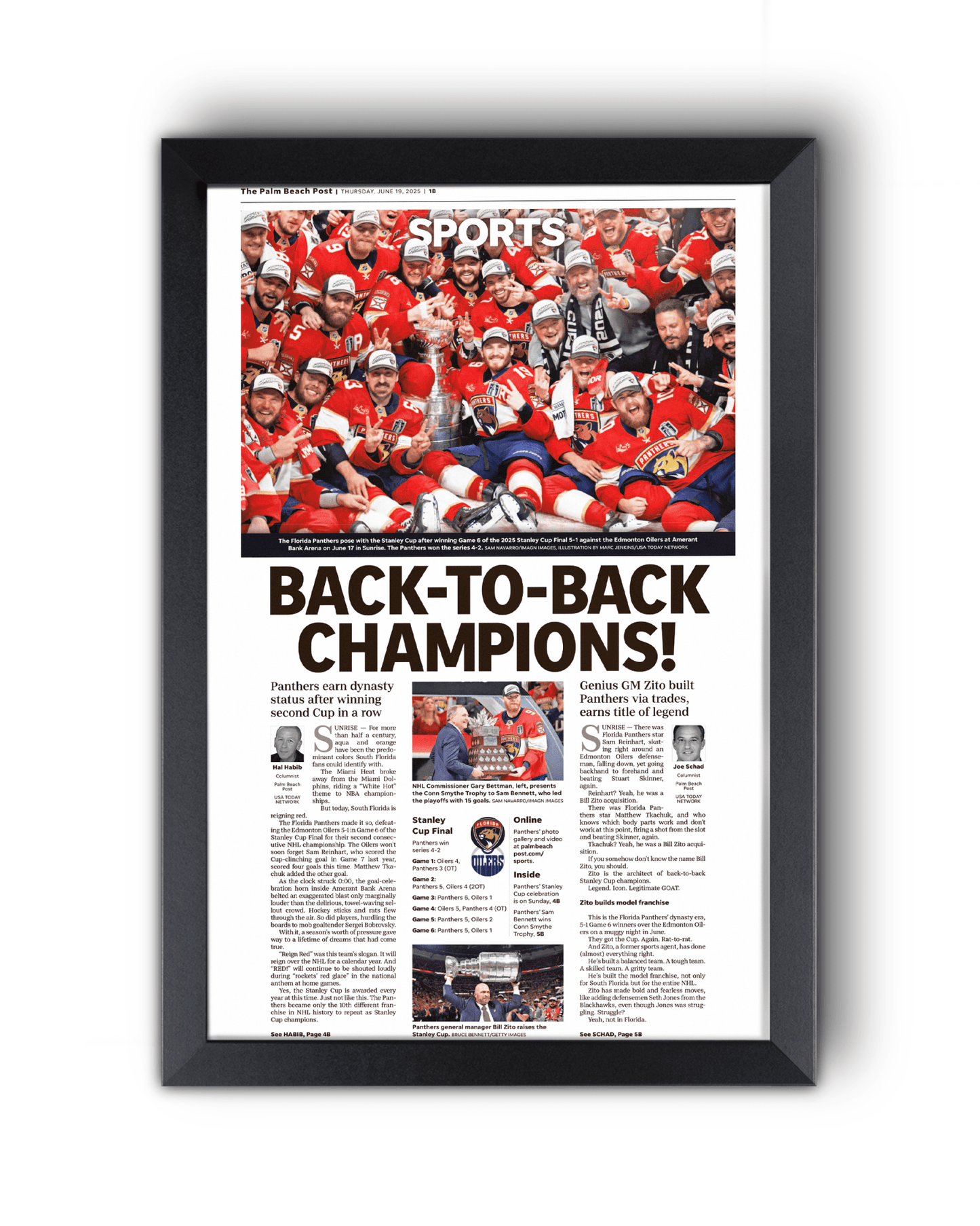 2025 Florida Panthers Stanley Cup "Back - to - Back Champions!" Front Page Newspaper - TitleGameFrames.com