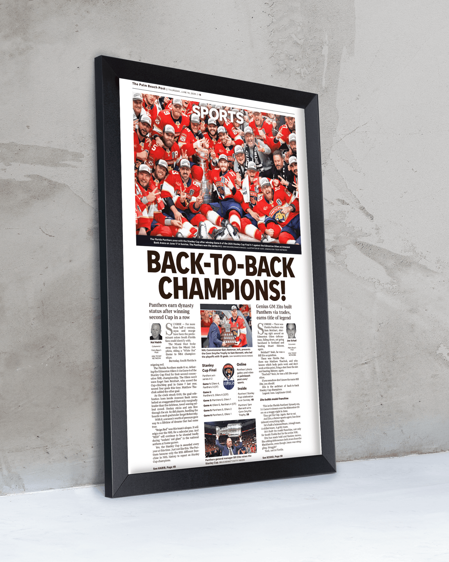 2025 Florida Panthers Stanley Cup "Back - to - Back Champions!" Front Page Newspaper - TitleGameFrames.com