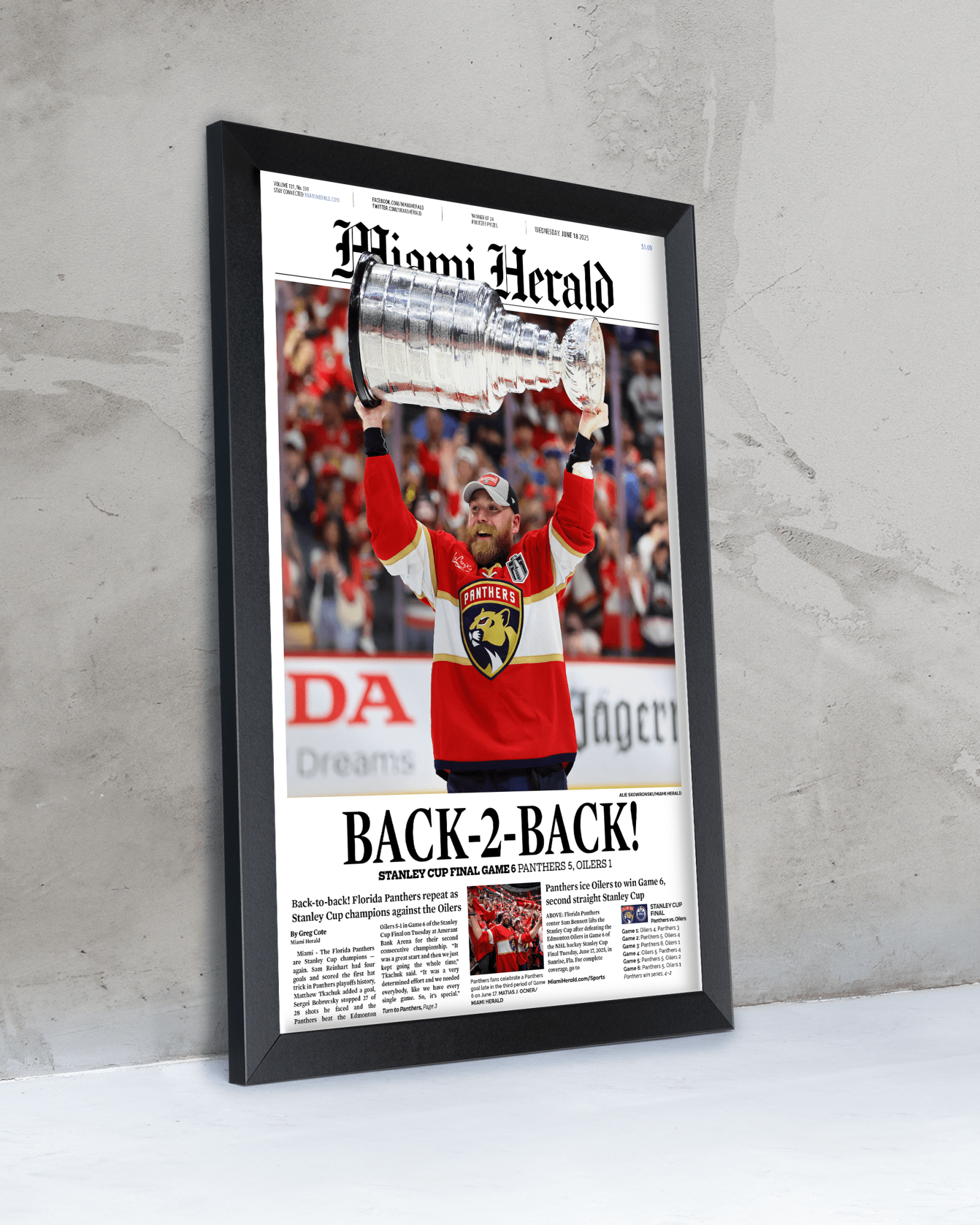 2025 Florida Panthers Stanley Cup Champions "Back - to - Back" Framed Front Page Newspaper - TitleGameFrames.com