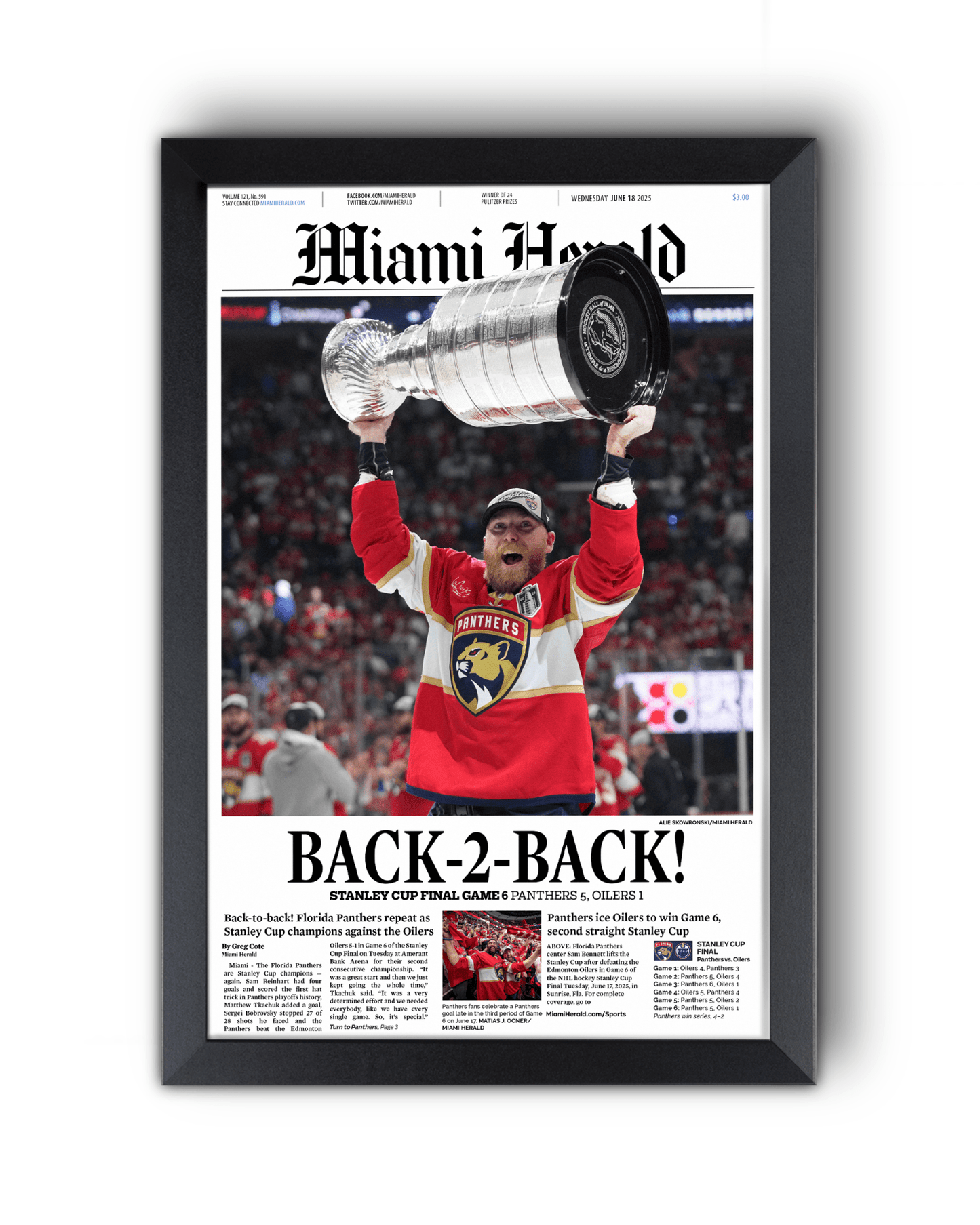 2025 Florida Panthers Stanley Cup Champions "Back - to - Back" Framed Front Page Newspaper - TitleGameFrames.com