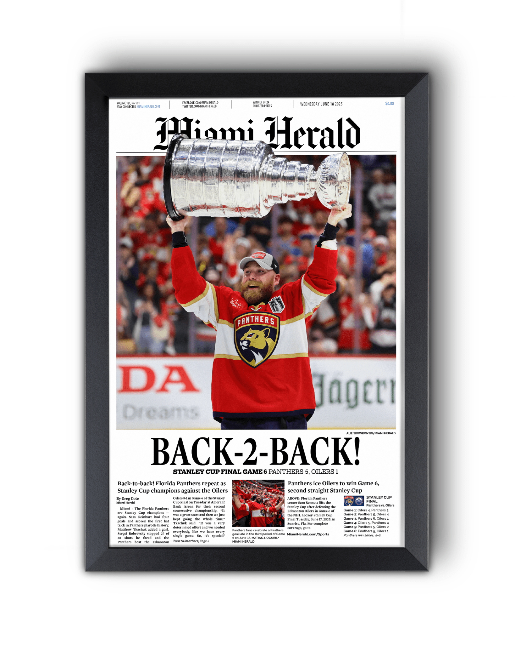 2025 Florida Panthers Stanley Cup Champions "Back - to - Back" Framed Front Page Newspaper - TitleGameFrames.com
