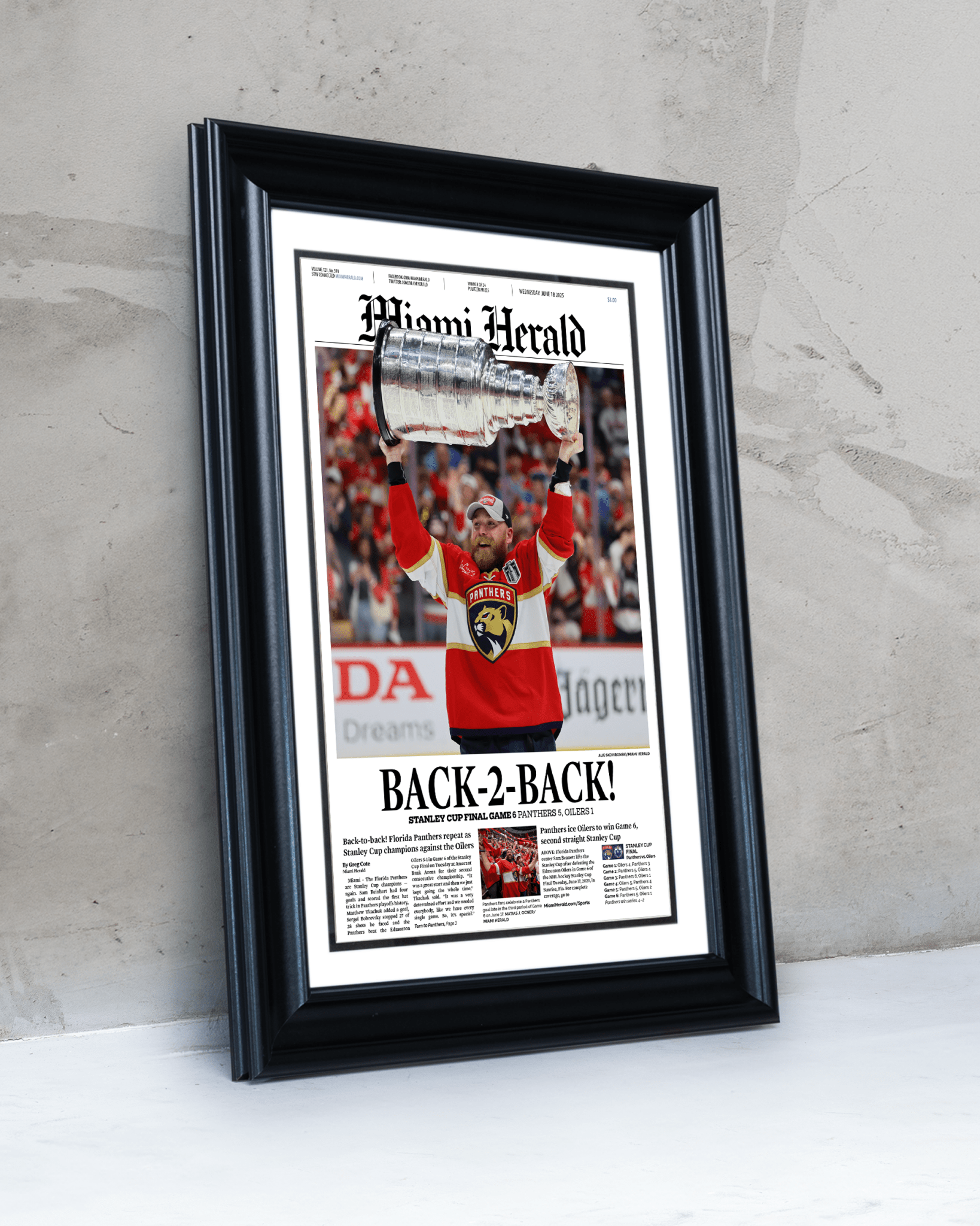 2025 Florida Panthers Stanley Cup Champions "Back - to - Back" Framed Front Page Newspaper - TitleGameFrames.com