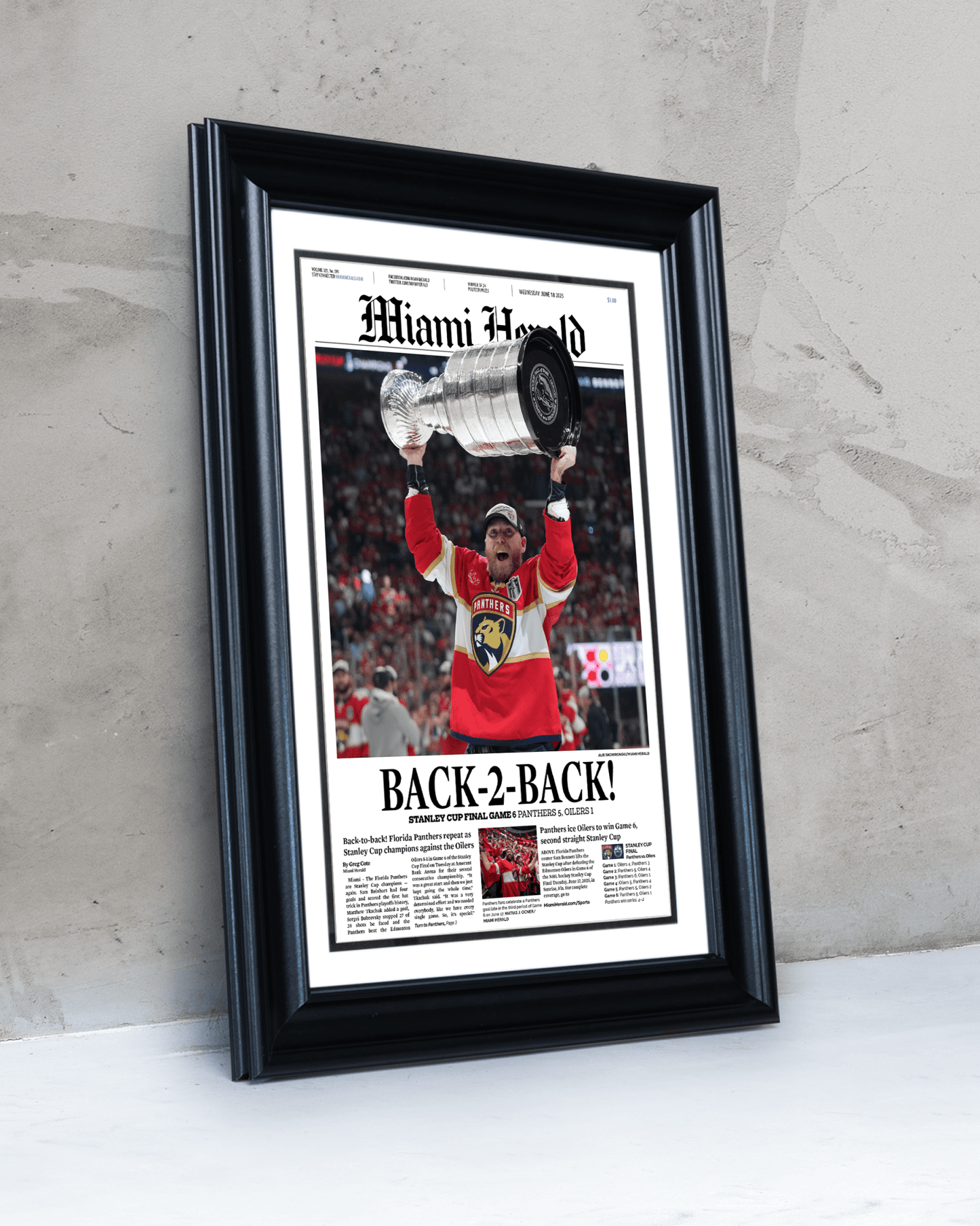 2025 Florida Panthers Stanley Cup Champions "Back - to - Back" Framed Front Page Newspaper - TitleGameFrames.com