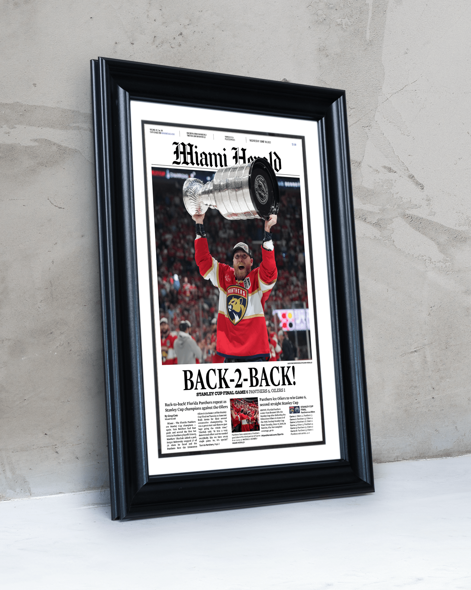 2025 Florida Panthers Stanley Cup Champions "Back - to - Back" Framed Front Page Newspaper - TitleGameFrames.com
