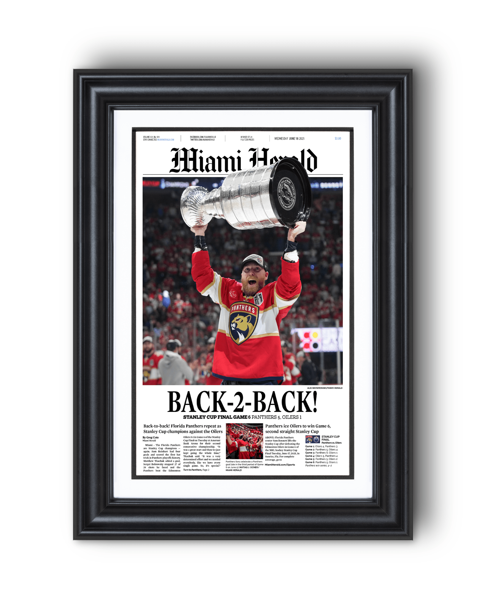 2025 Florida Panthers Stanley Cup Champions "Back - to - Back" Framed Front Page Newspaper - TitleGameFrames.com