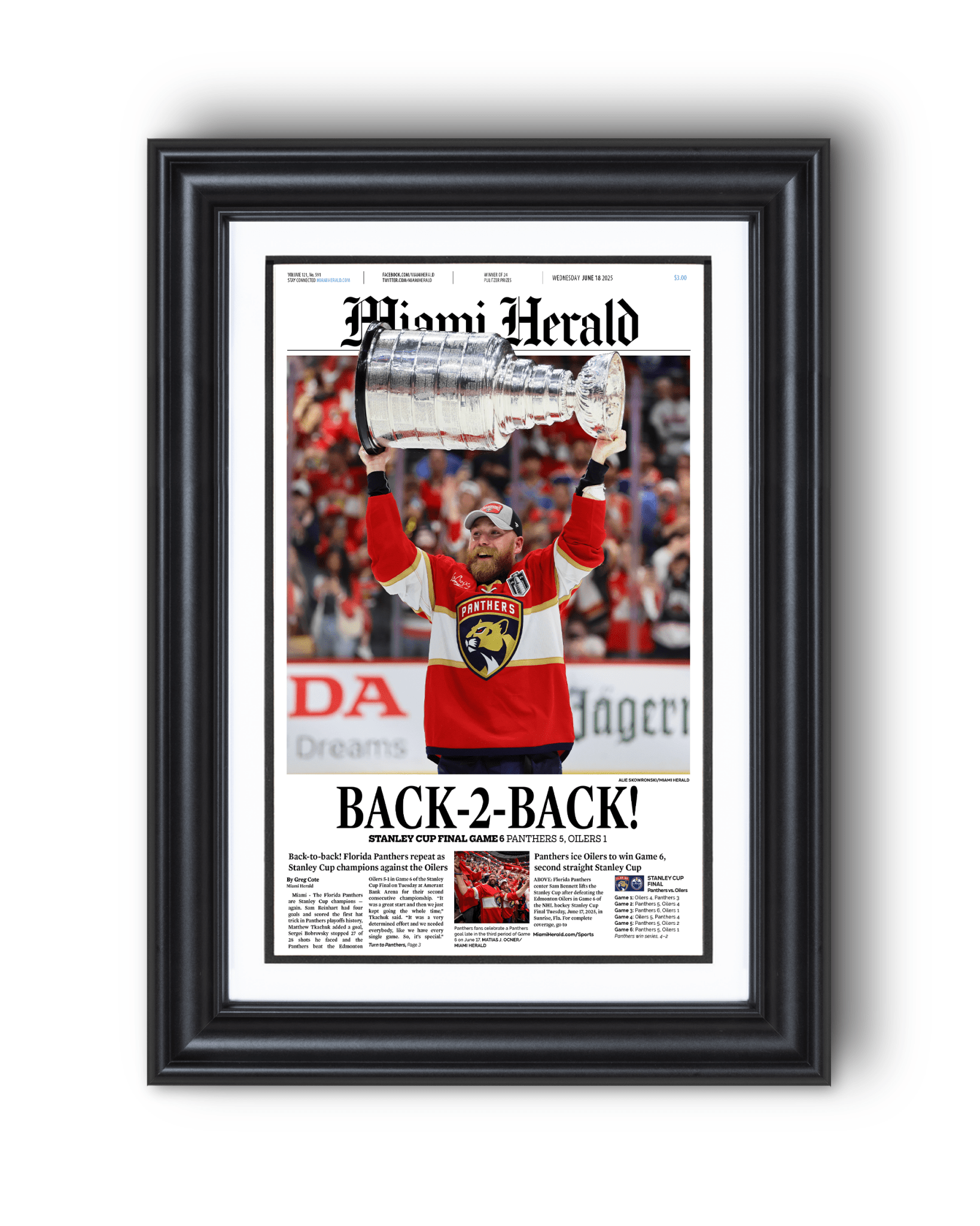2025 Florida Panthers Stanley Cup Champions "Back - to - Back" Framed Front Page Newspaper - TitleGameFrames.com