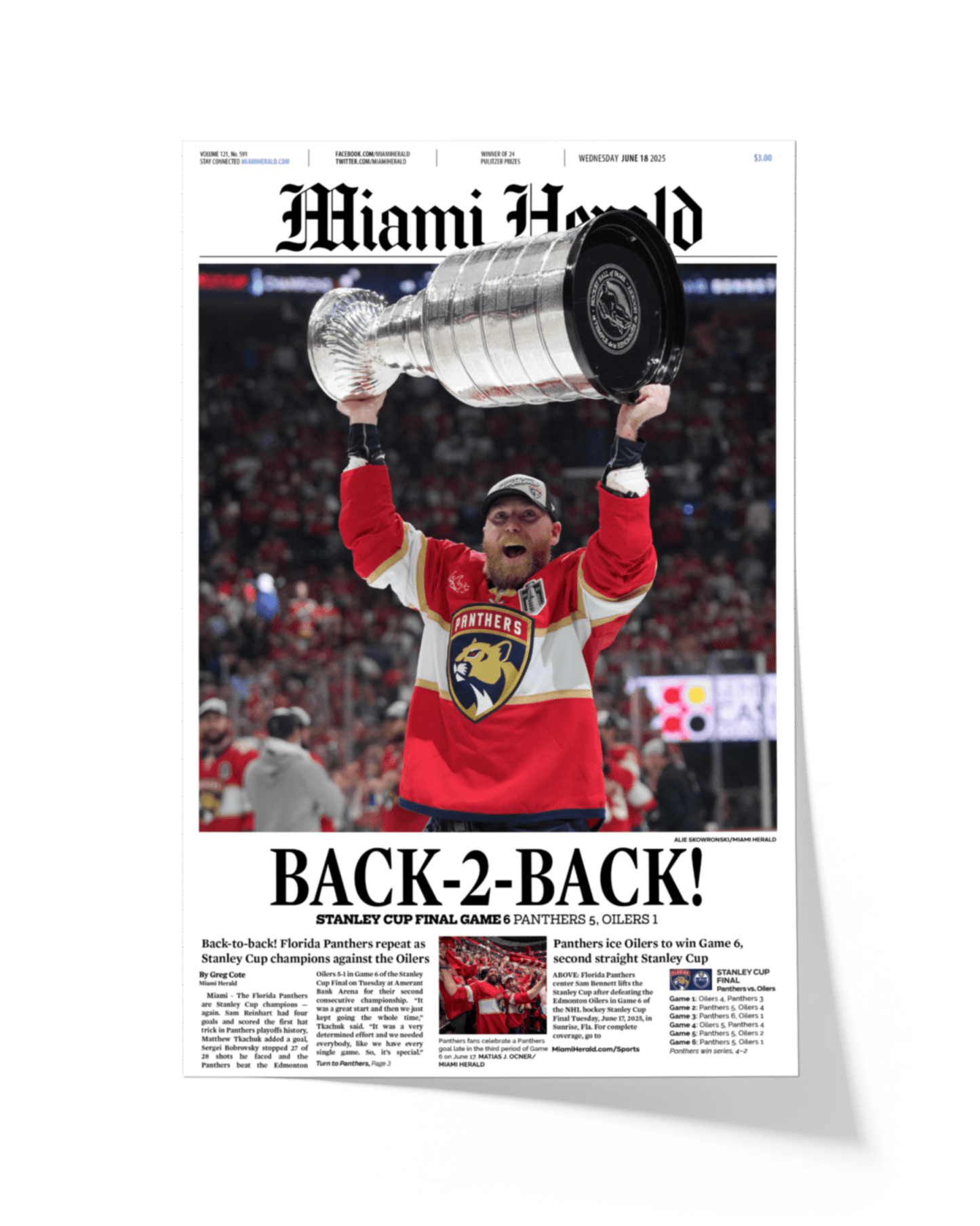 2025 Florida Panthers Stanley Cup Champions "Back - to - Back" Framed Front Page Newspaper - TitleGameFrames.com