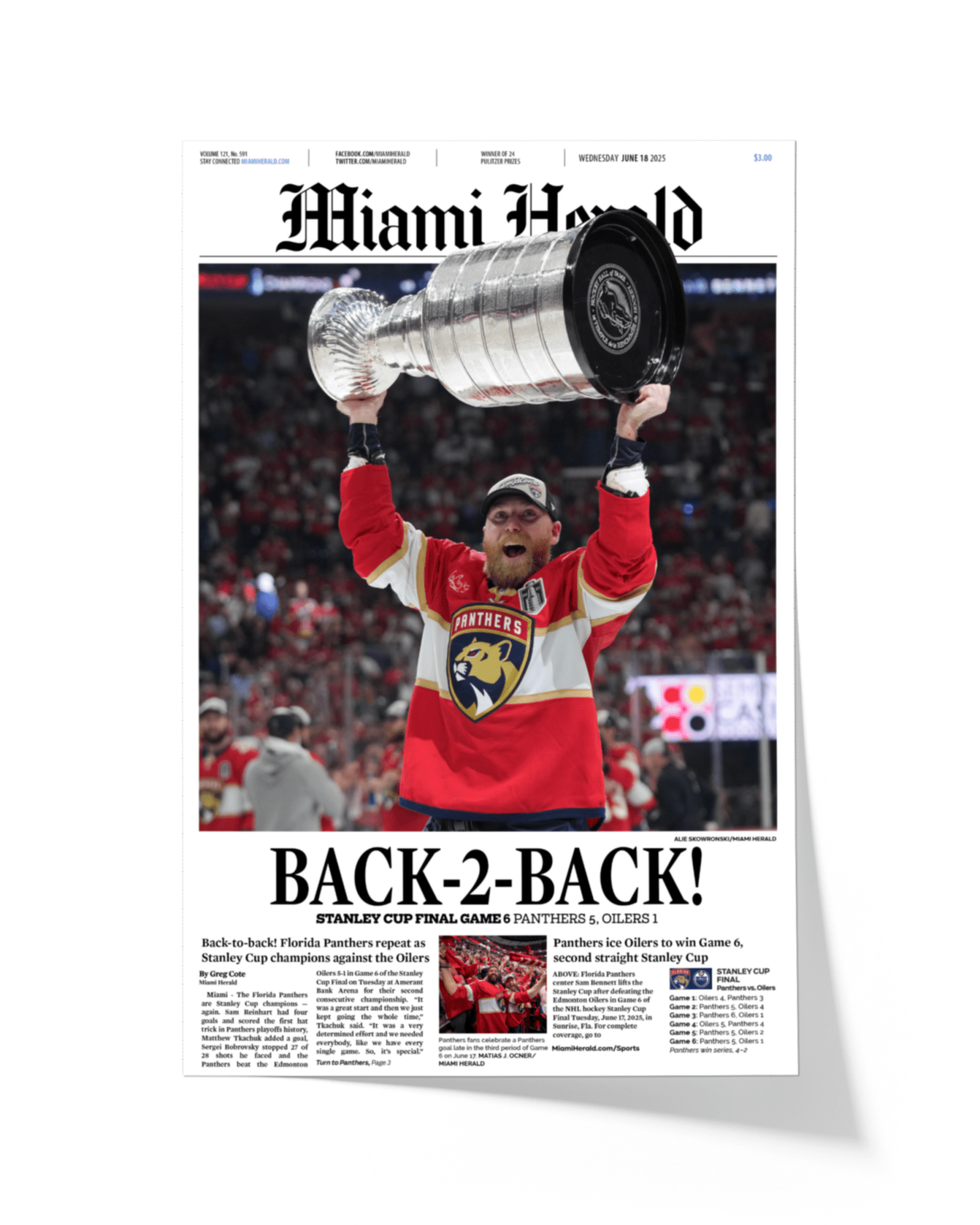 2025 Florida Panthers Stanley Cup Champions "Back - to - Back" Framed Front Page Newspaper - TitleGameFrames.com