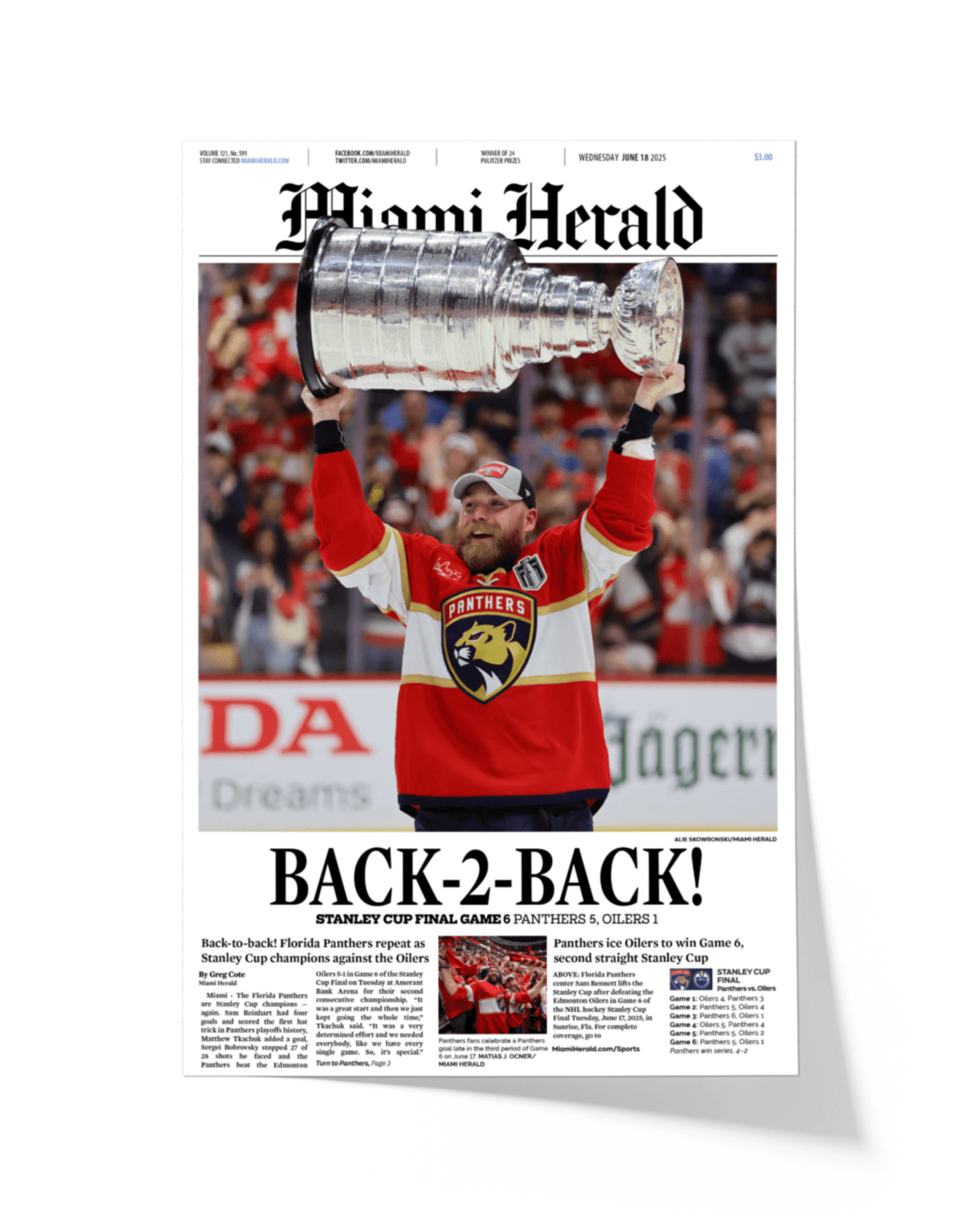 2025 Florida Panthers Stanley Cup Champions "Back - to - Back" Framed Front Page Newspaper - TitleGameFrames.com