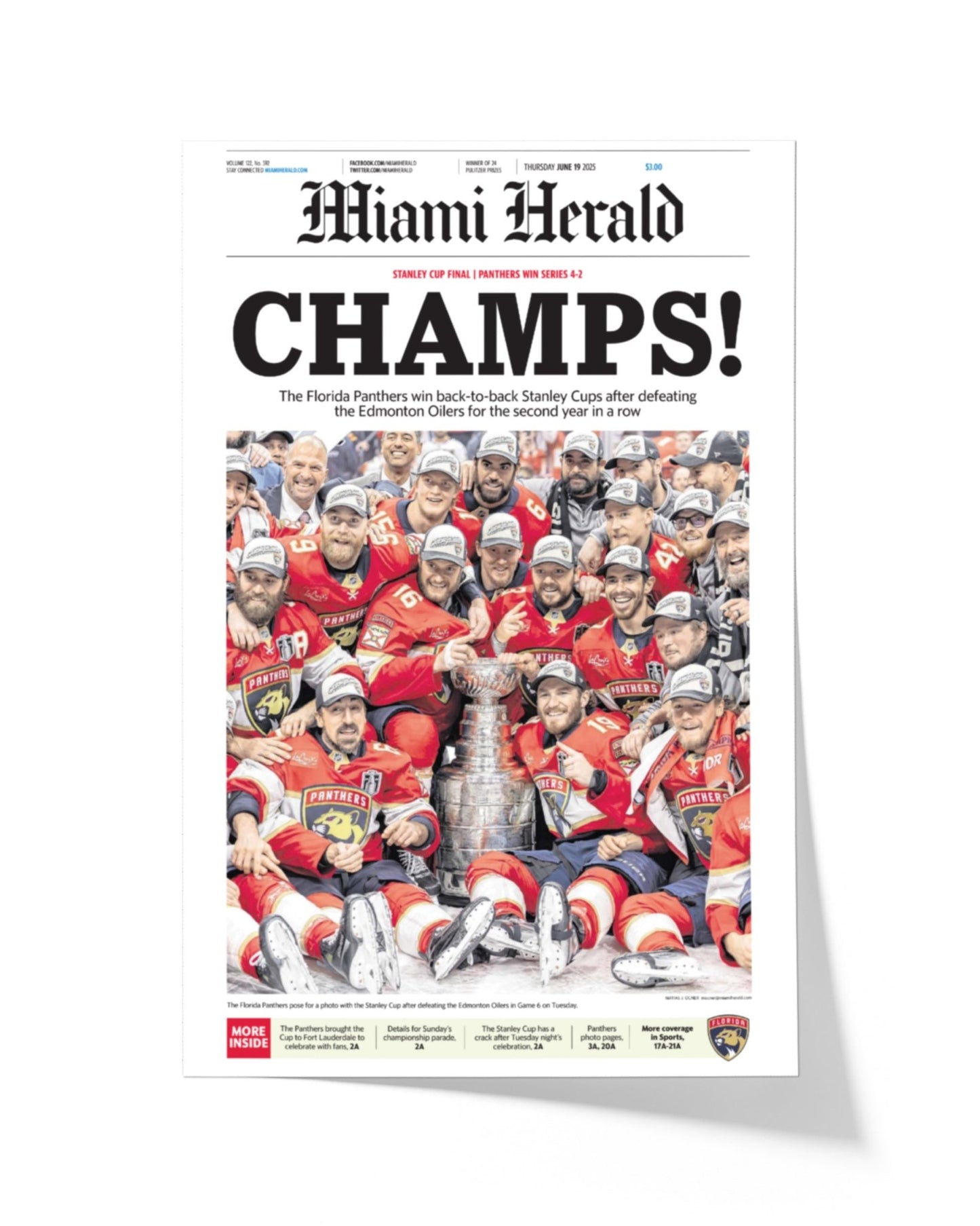 2025 Florida Panthers Stanley Cup "Champs" Front Page Newspaper - TitleGameFrames.com