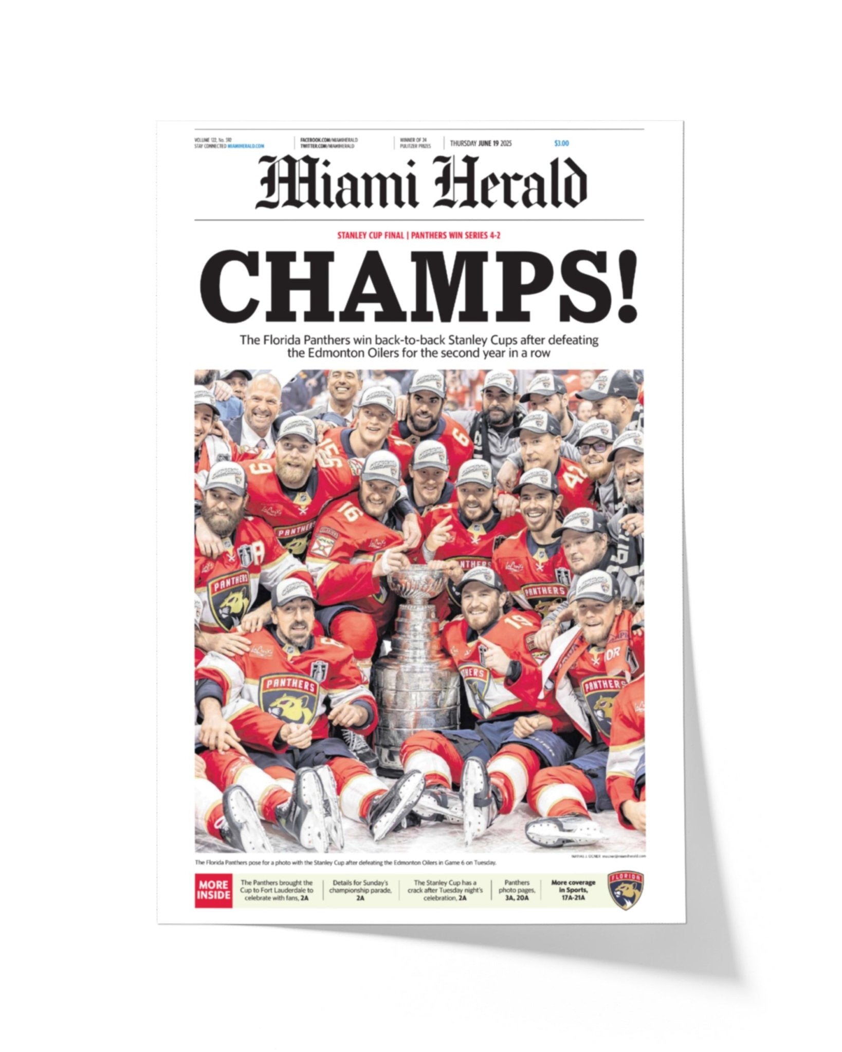 2025 Florida Panthers Stanley Cup "Champs" Front Page Newspaper - TitleGameFrames.com