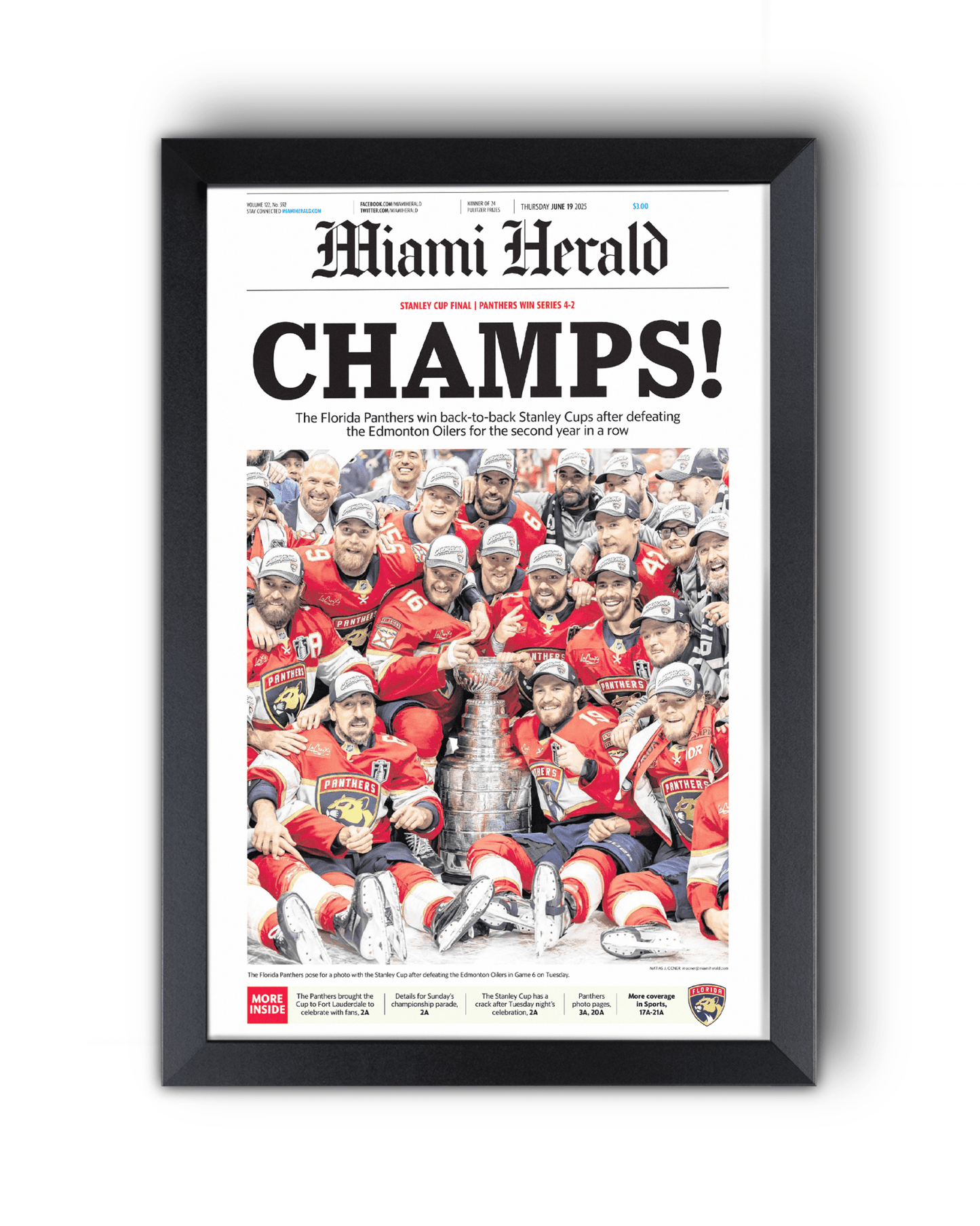 2025 Florida Panthers Stanley Cup "Champs" Front Page Newspaper - TitleGameFrames.com
