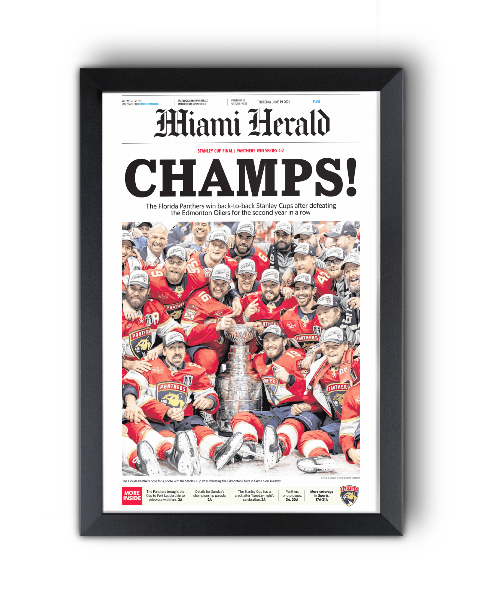 2025 Florida Panthers Stanley Cup "Champs" Front Page Newspaper - TitleGameFrames.com