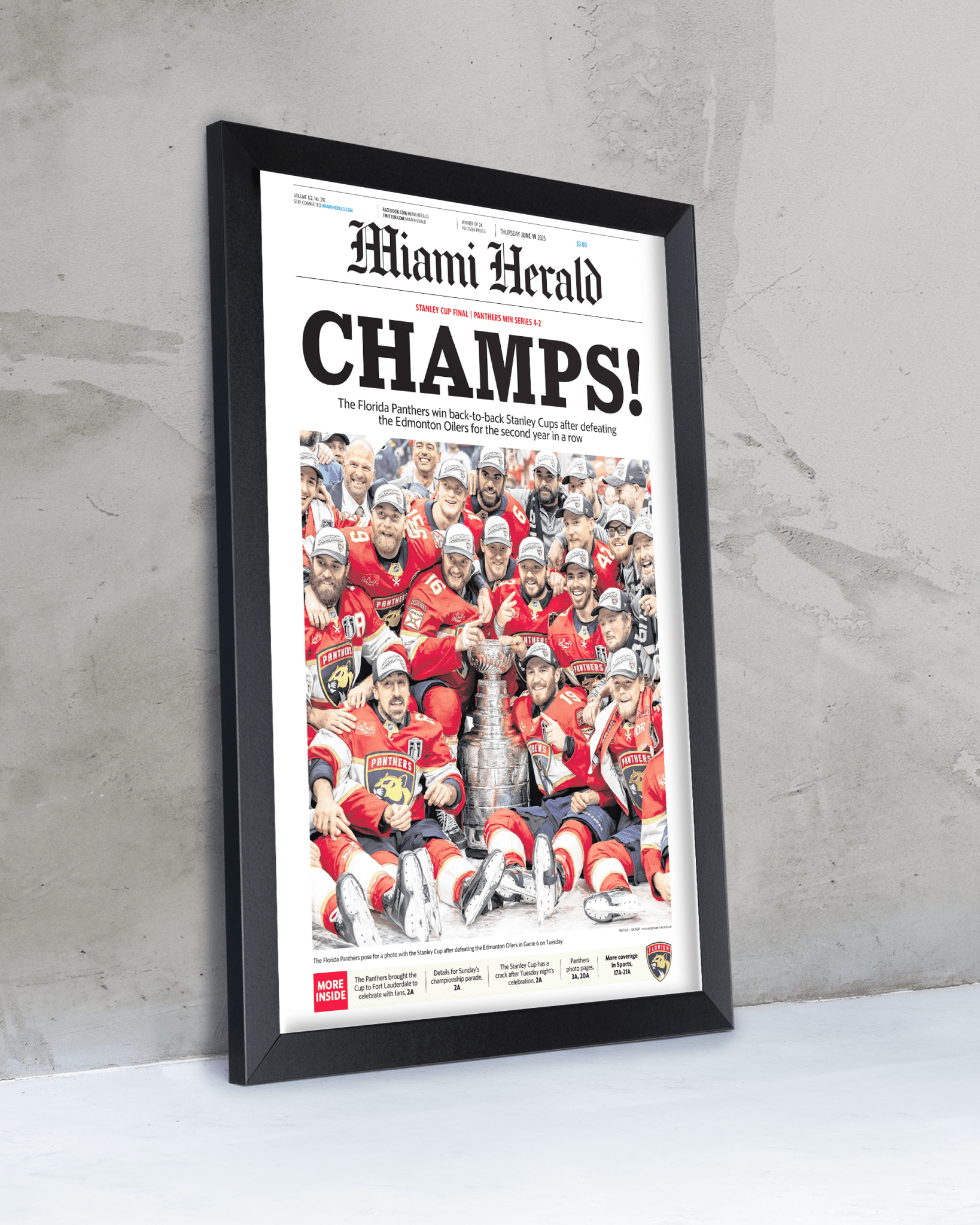 2025 Florida Panthers Stanley Cup "Champs" Front Page Newspaper - TitleGameFrames.com