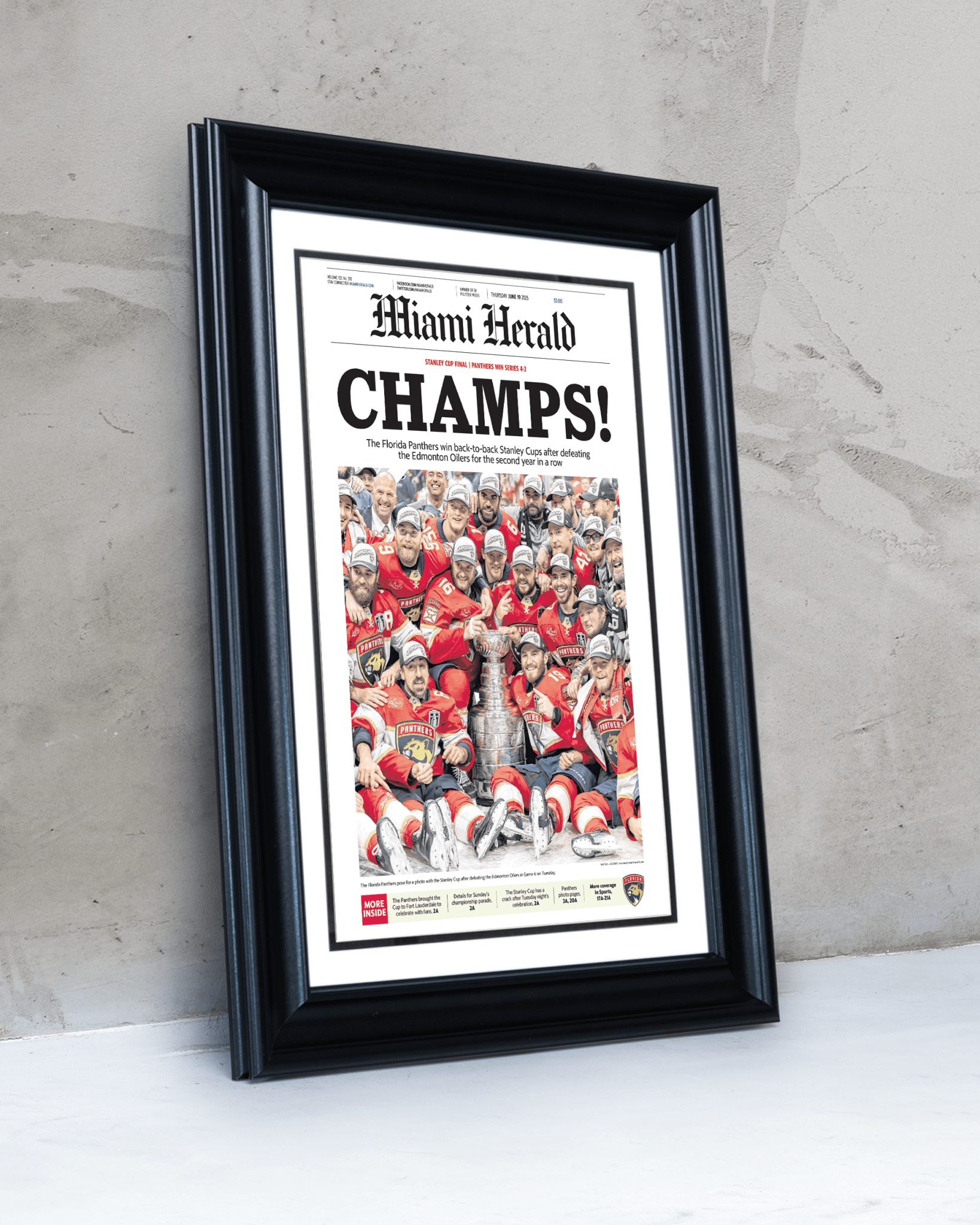 2025 Florida Panthers Stanley Cup "Champs" Front Page Newspaper - TitleGameFrames.com