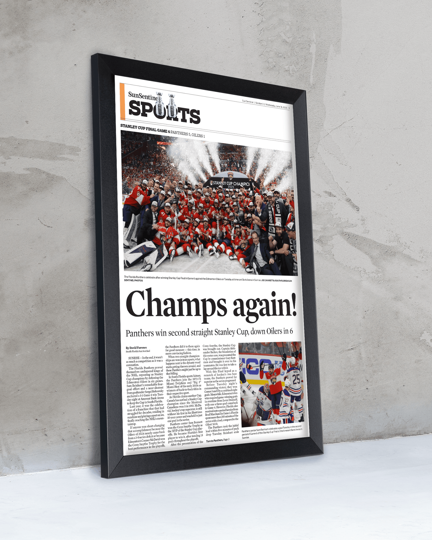 2025 Florida Panthers Stanley Cup Winners "Champs Again!" Framed Sports Edition Newspaper - TitleGameFrames.com