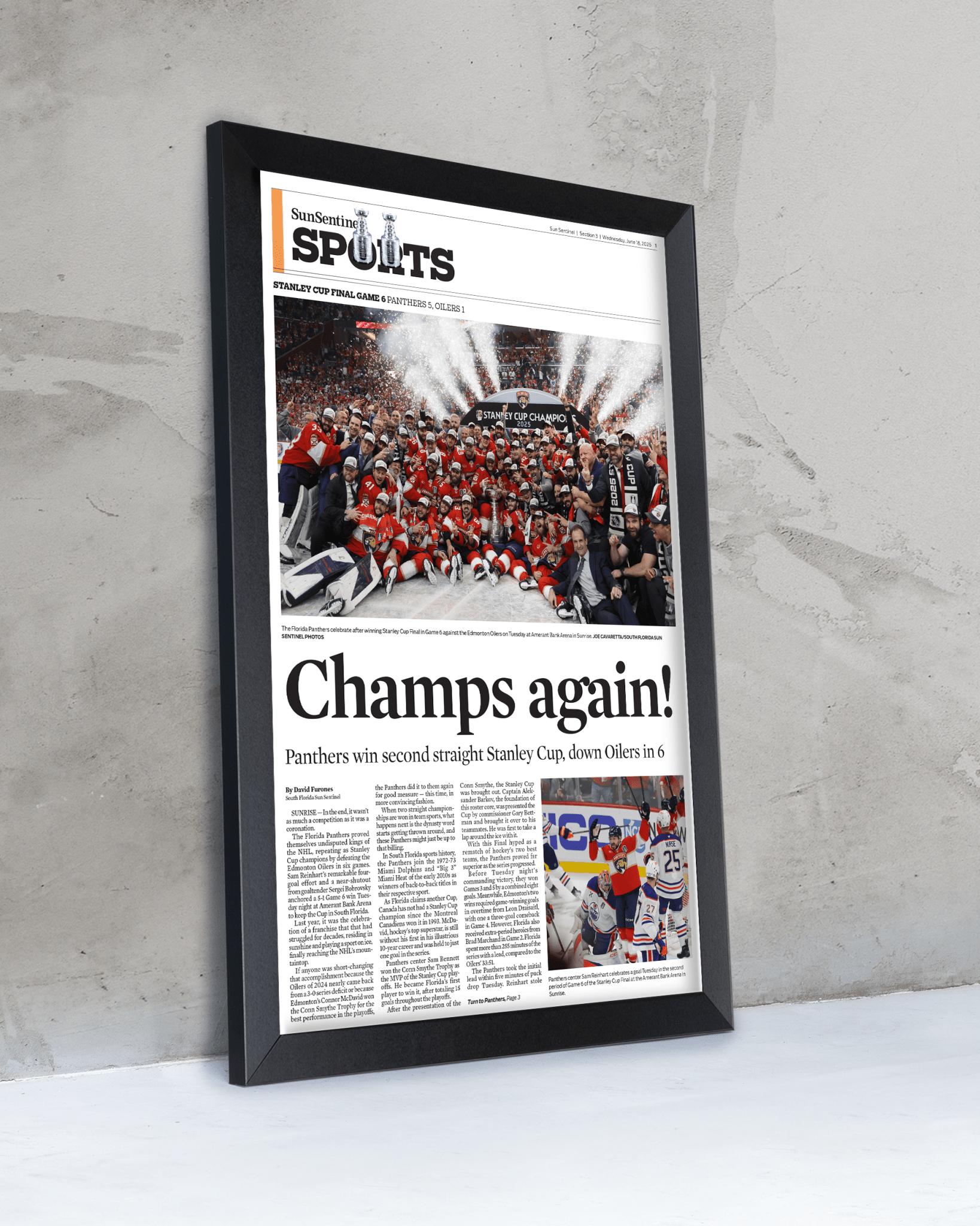 2025 Florida Panthers Stanley Cup Winners "Champs Again!" Framed Sports Edition Newspaper - TitleGameFrames.com