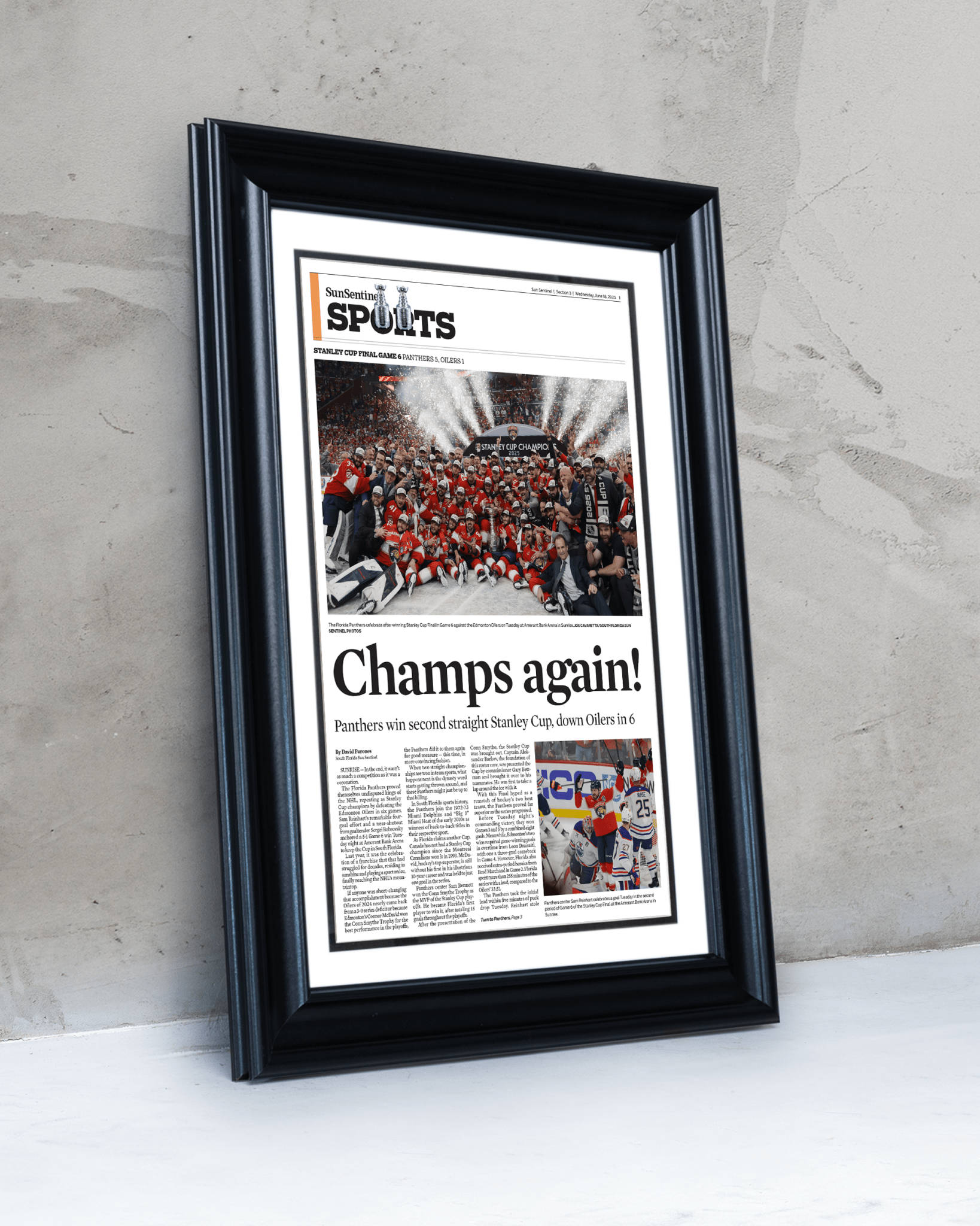 2025 Florida Panthers Stanley Cup Winners "Champs Again!" Framed Sports Edition Newspaper - TitleGameFrames.com