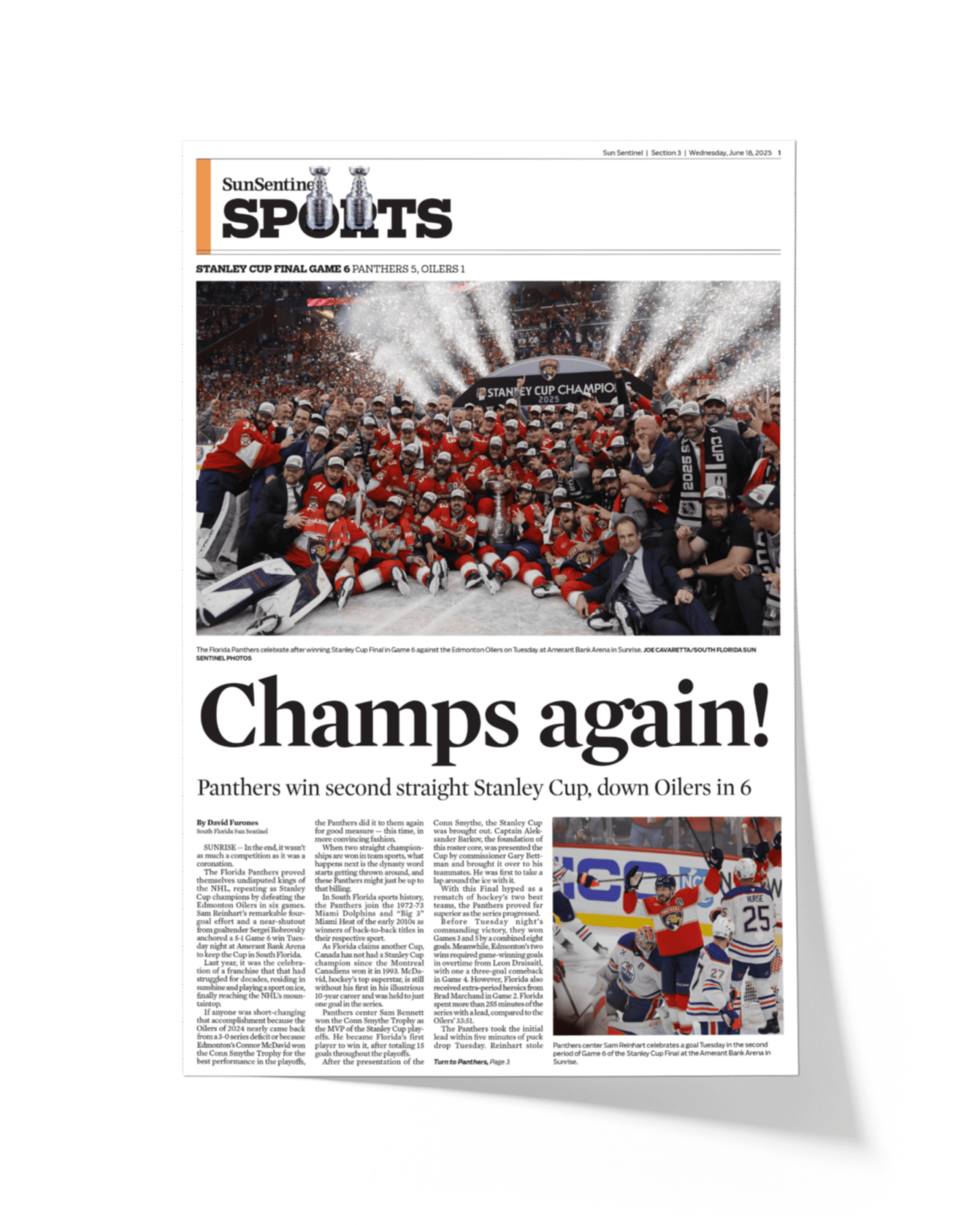 2025 Florida Panthers Stanley Cup Winners "Champs Again!" Framed Sports Edition Newspaper - TitleGameFrames.com