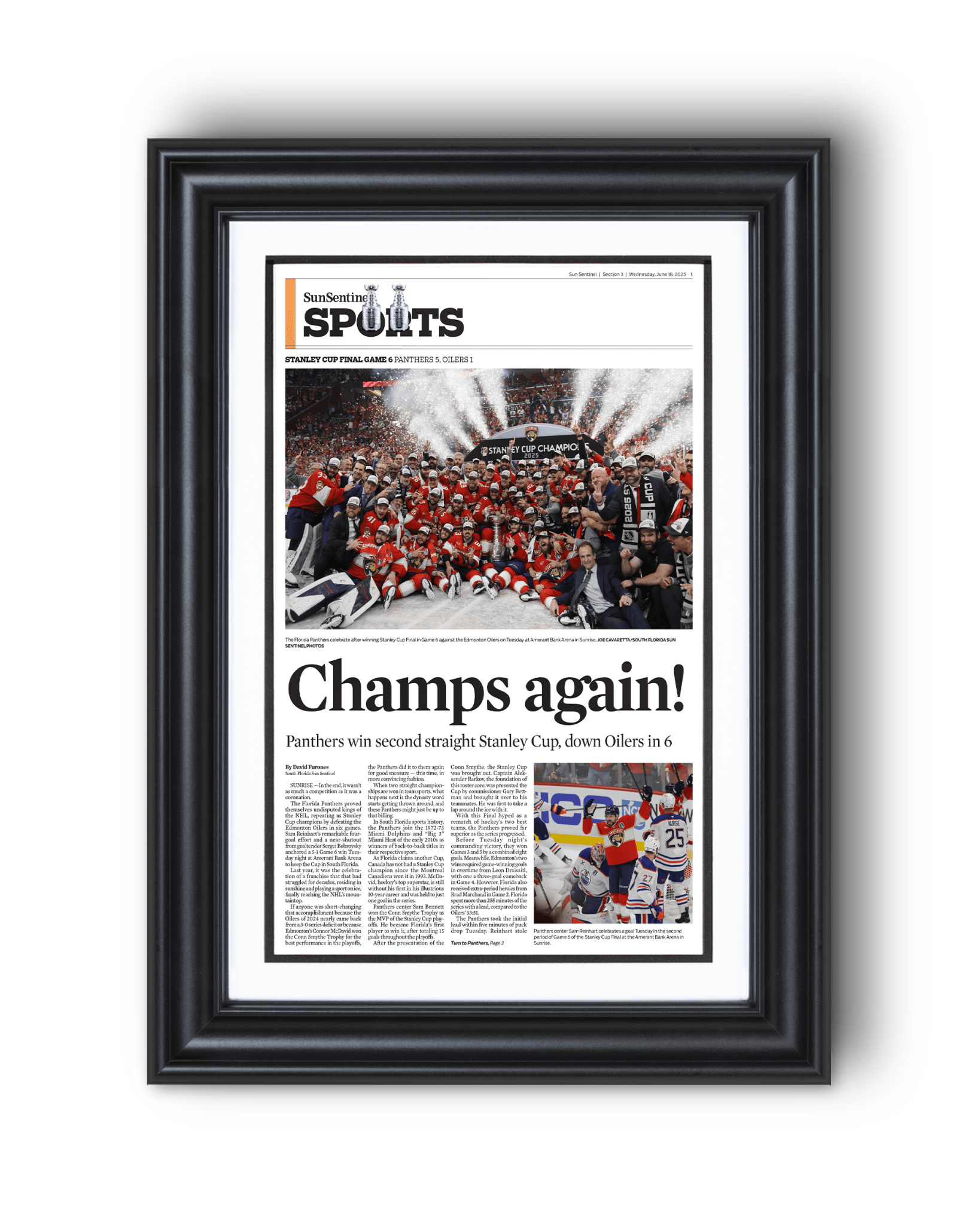 2025 Florida Panthers Stanley Cup Winners "Champs Again!" Framed Sports Edition Newspaper - TitleGameFrames.com