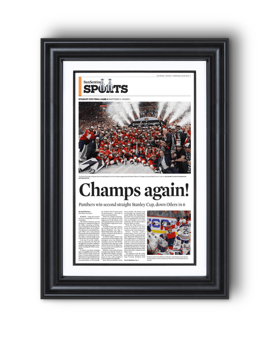 2025 Florida Panthers Stanley Cup Winners "Champs Again!" Framed Sports Edition Newspaper - TitleGameFrames.com