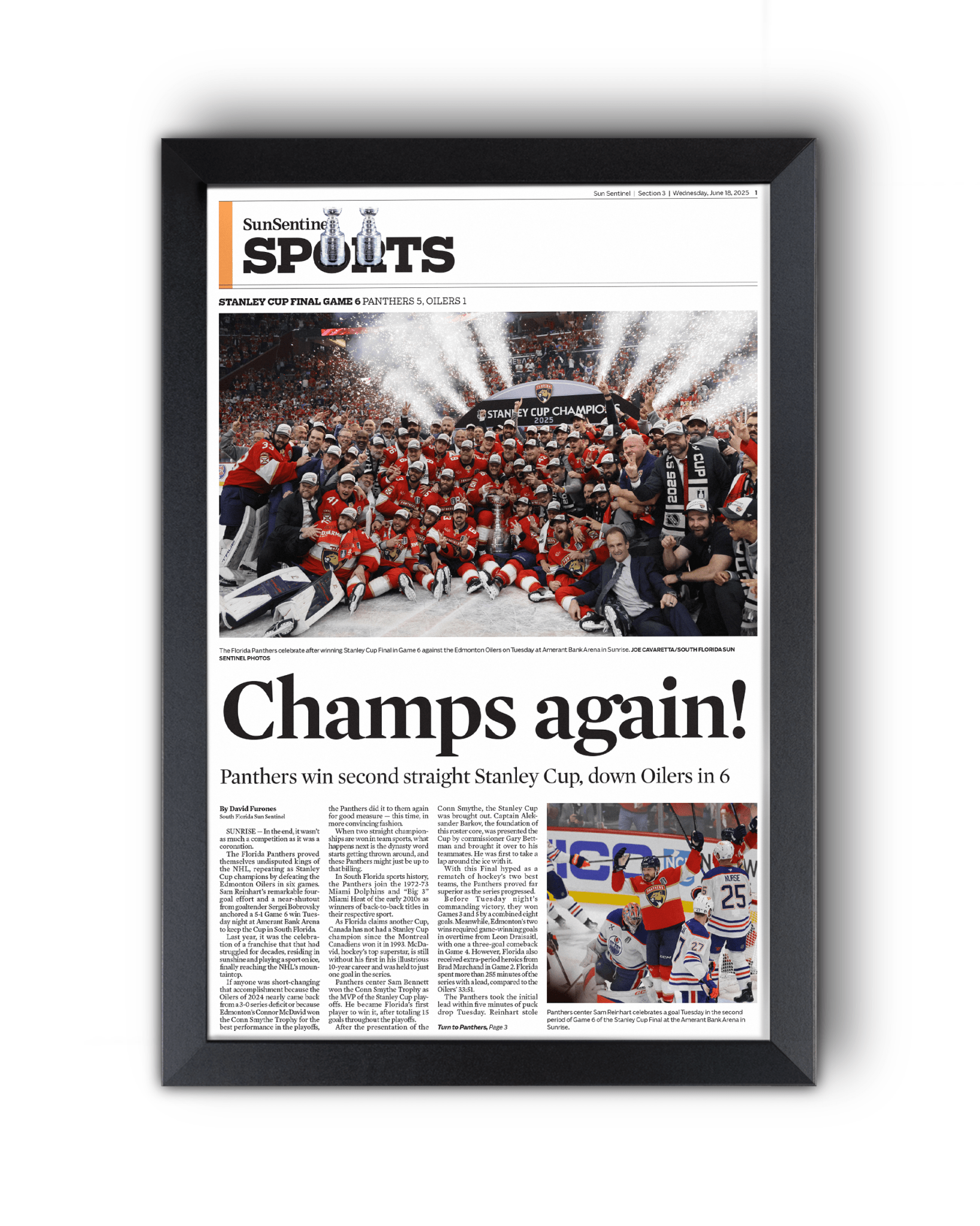 2025 Florida Panthers Stanley Cup Winners "Champs Again!" Framed Sports Edition Newspaper - TitleGameFrames.com