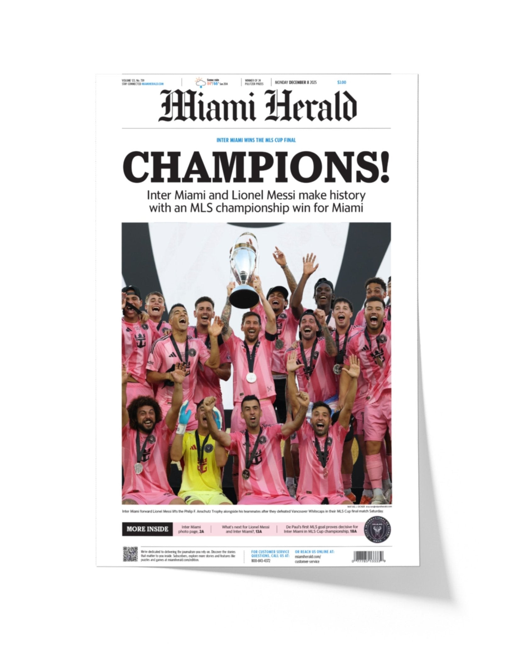 2025 Inter Miami FC “CHAMPIONS!” – First MLS Cup Title – Lionel Messi Framed Newspaper Print - TitleGameFrames.com