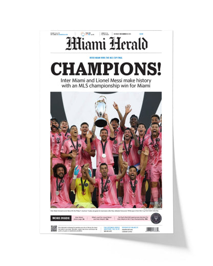 2025 Inter Miami FC “CHAMPIONS!” – First MLS Cup Title – Lionel Messi Framed Newspaper Print - TitleGameFrames.com
