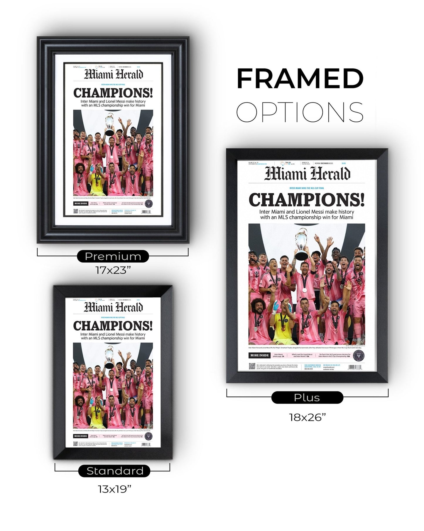 2025 Inter Miami FC “CHAMPIONS!” – First MLS Cup Title – Lionel Messi Framed Newspaper Print - TitleGameFrames.com