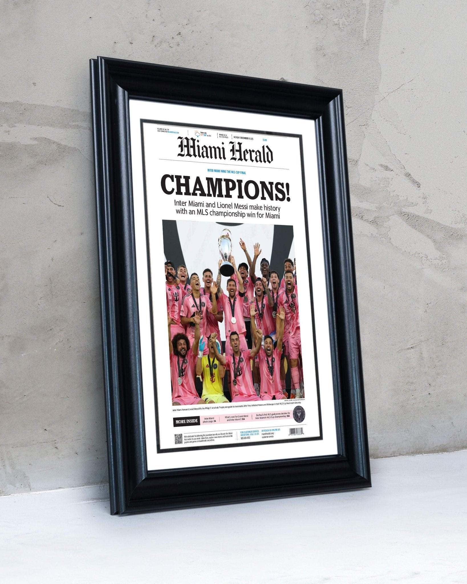 2025 Inter Miami FC “CHAMPIONS!” – First MLS Cup Title – Lionel Messi Framed Newspaper Print - TitleGameFrames.com