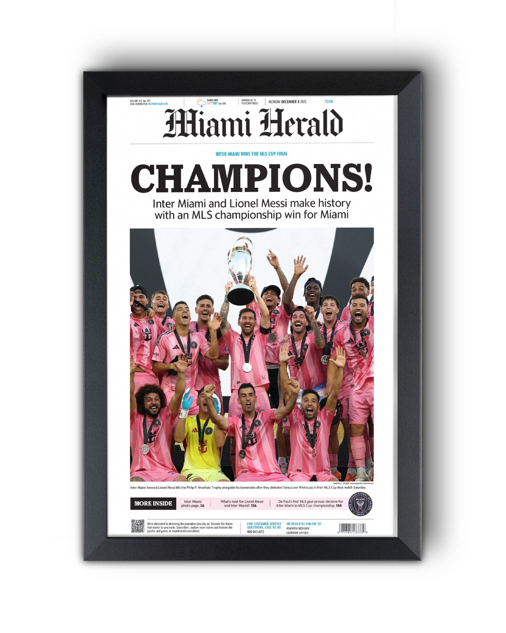 2025 Inter Miami FC “CHAMPIONS!” – First MLS Cup Title – Lionel Messi Framed Newspaper Print - TitleGameFrames.com