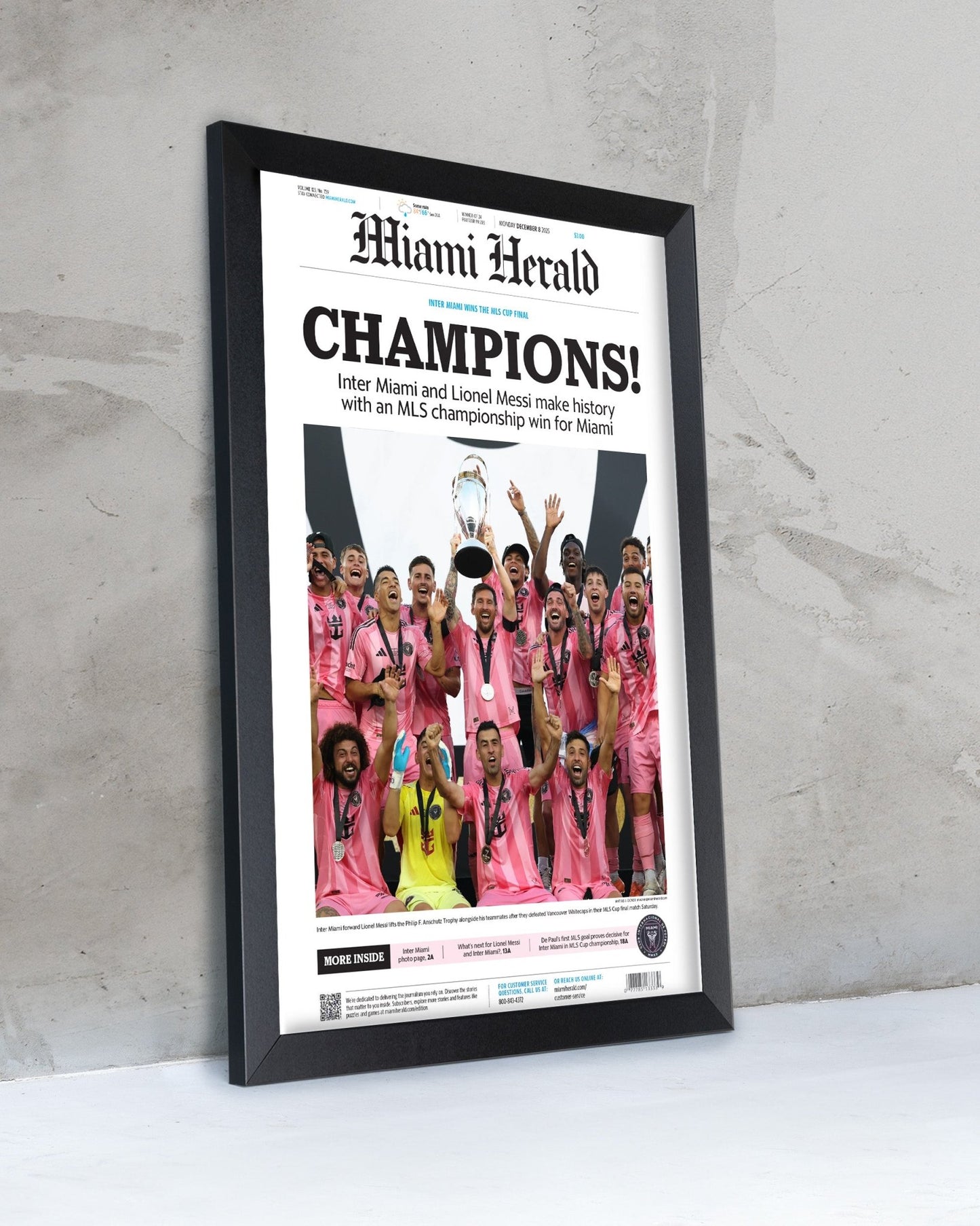 2025 Inter Miami FC “CHAMPIONS!” – First MLS Cup Title – Lionel Messi Framed Newspaper Print - TitleGameFrames.com